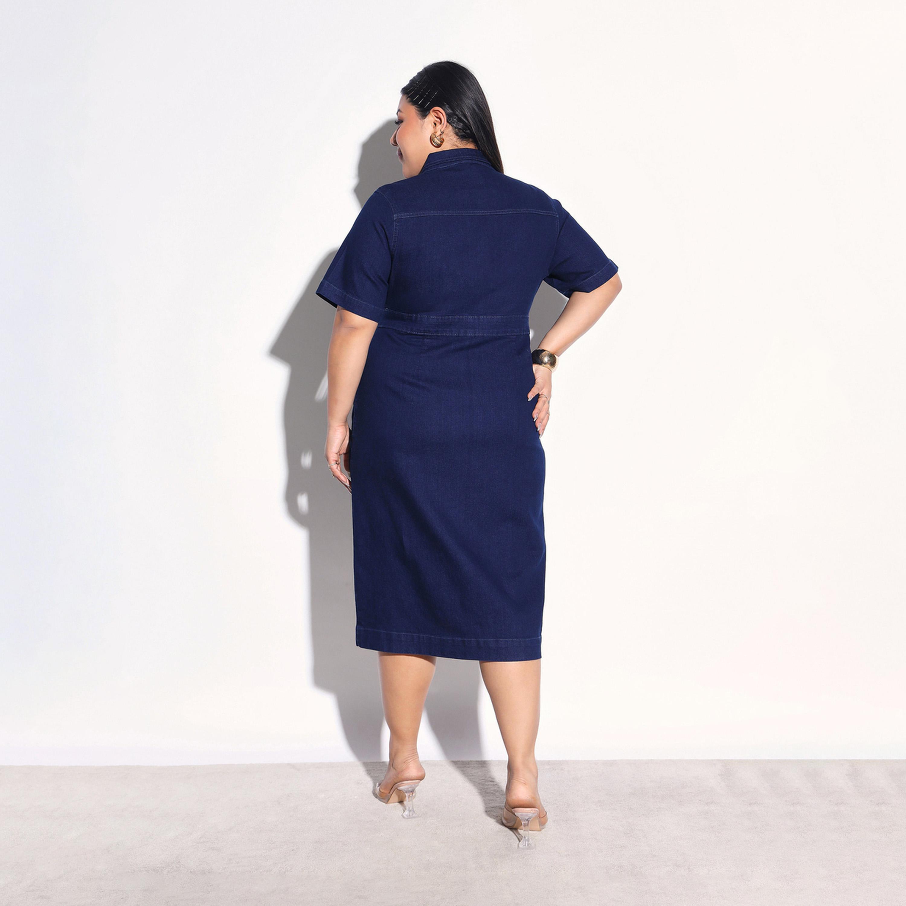 Sassafras X Styli Plus Size Front Button Denim Shirt Midi Dress-women-clothing-dresses-image-5