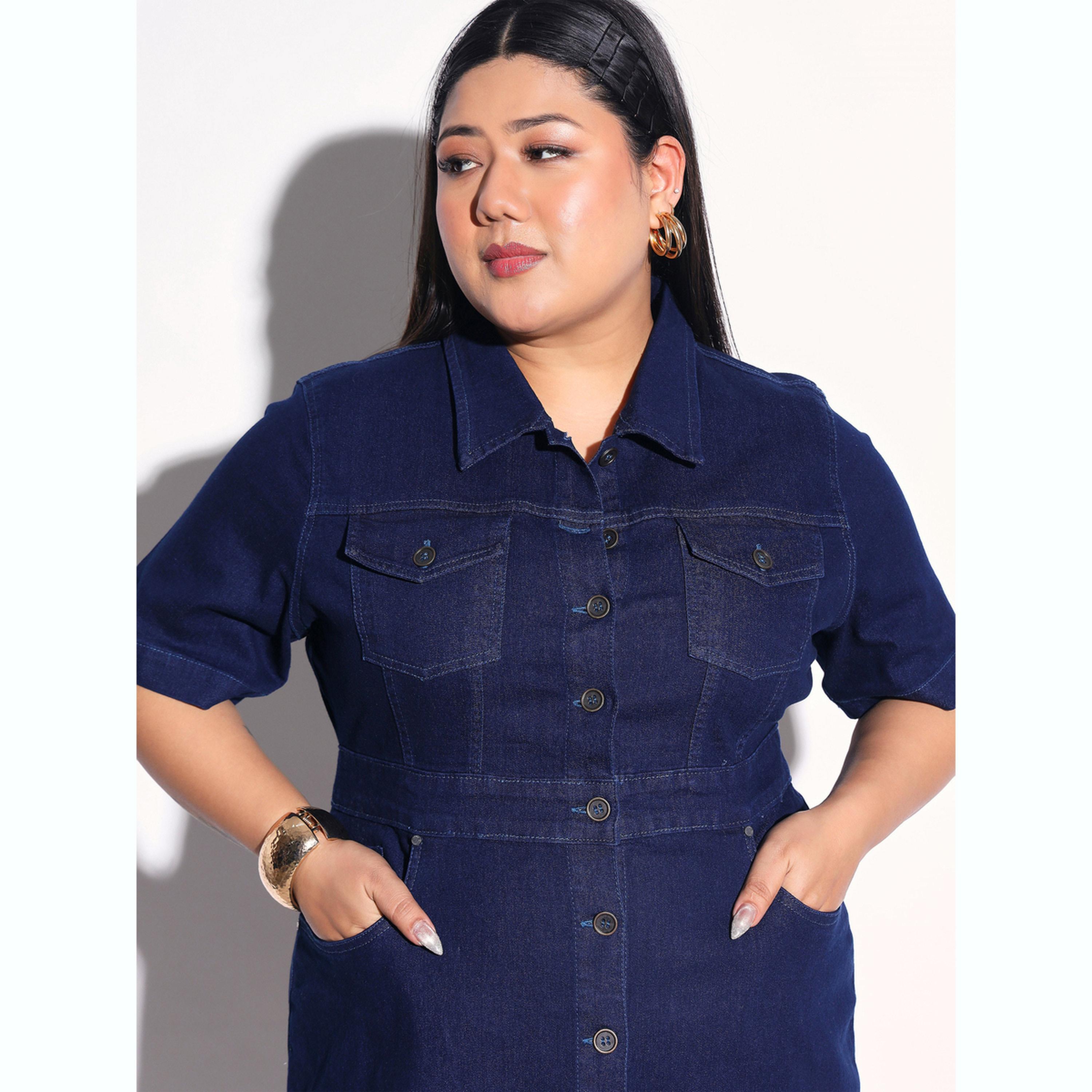 Sassafras X Styli Plus Size Front Button Denim Shirt Midi Dress-women-clothing-dresses-image-6