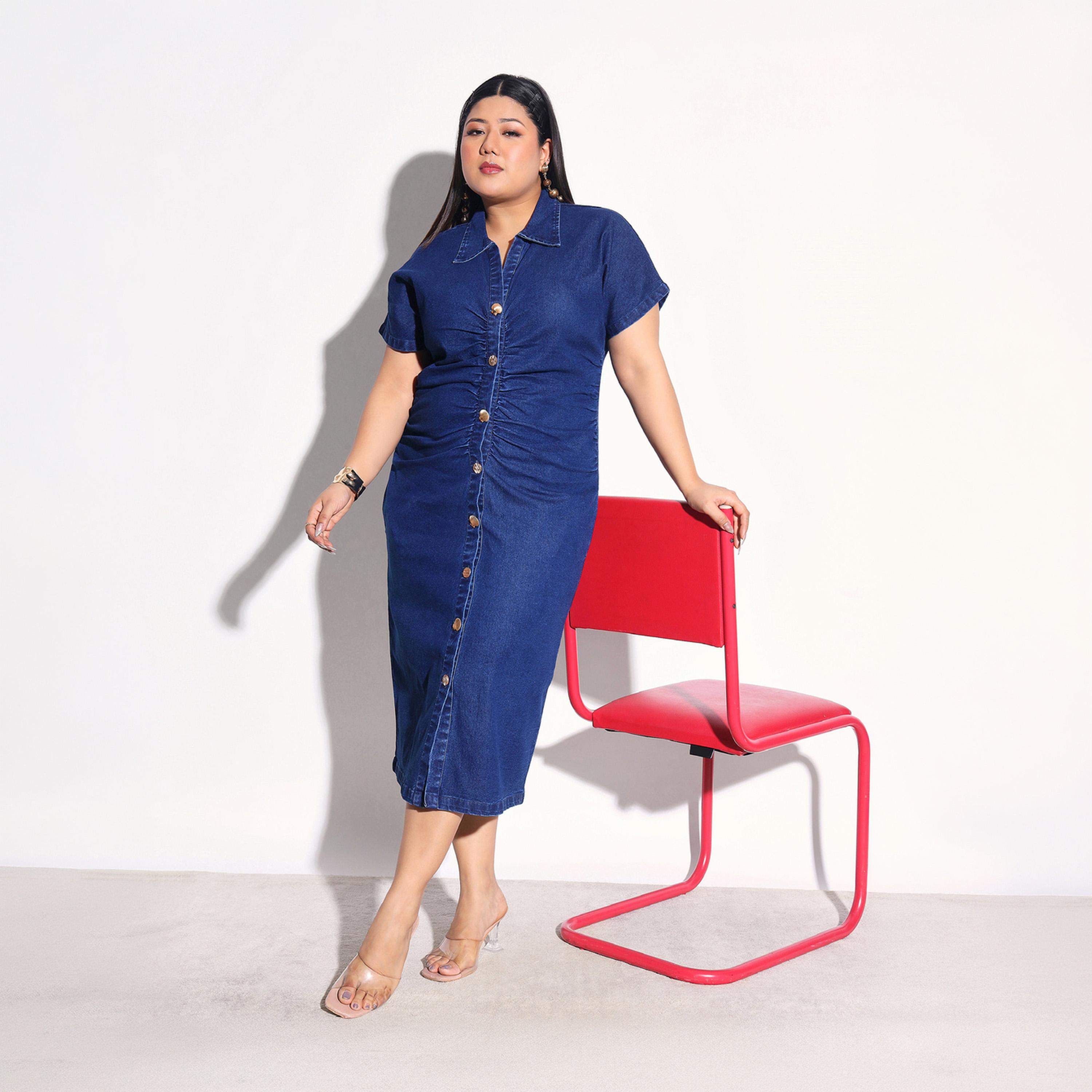 Sassafras X Styli Plus Size Denim Front Ruched Sheath Midi Dress-women-clothing-dresses-image-1
