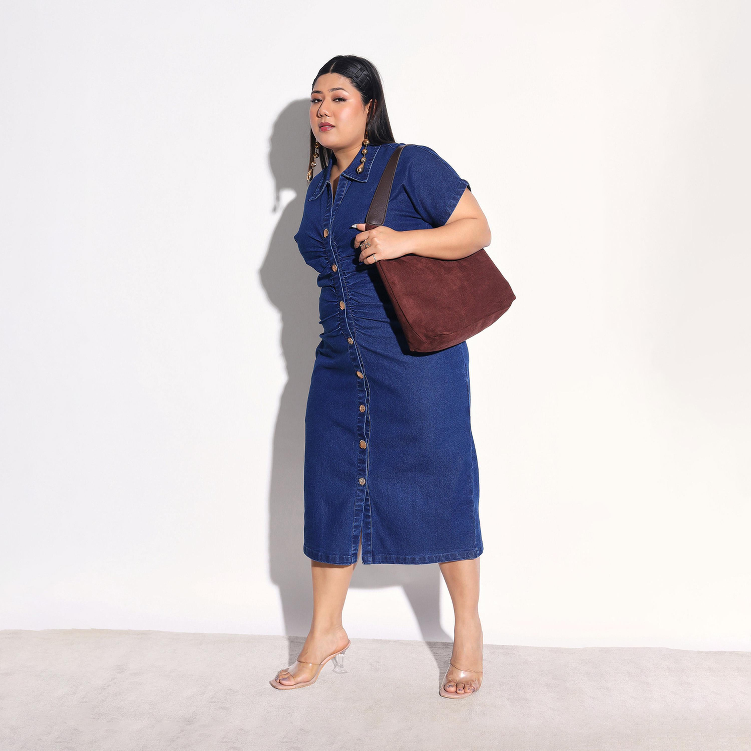 Sassafras X Styli Plus Size Denim Front Ruched Sheath Midi Dress-women-clothing-dresses-image-2