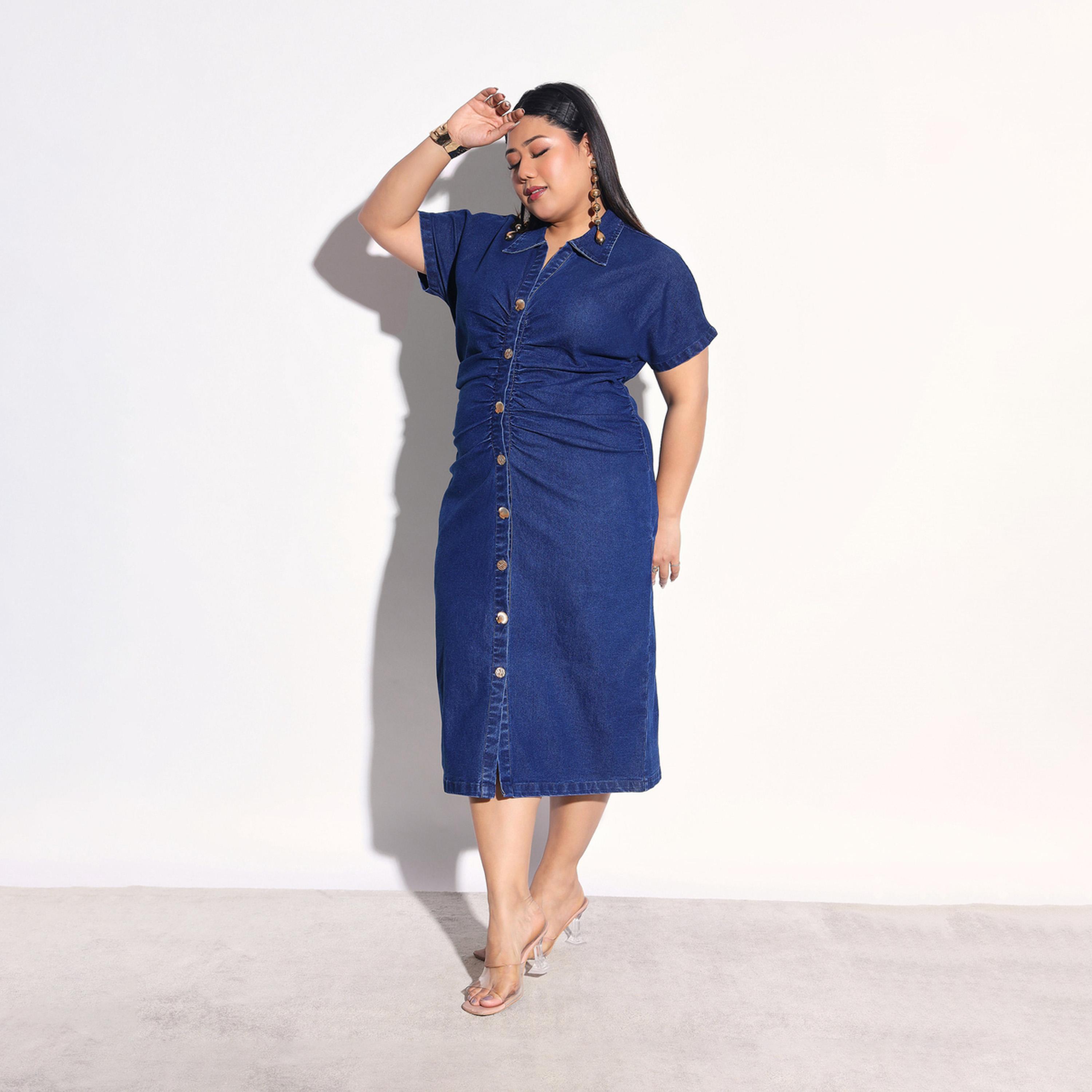 Sassafras X Styli Plus Size Denim Front Ruched Sheath Midi Dress-women-clothing-dresses-image-3