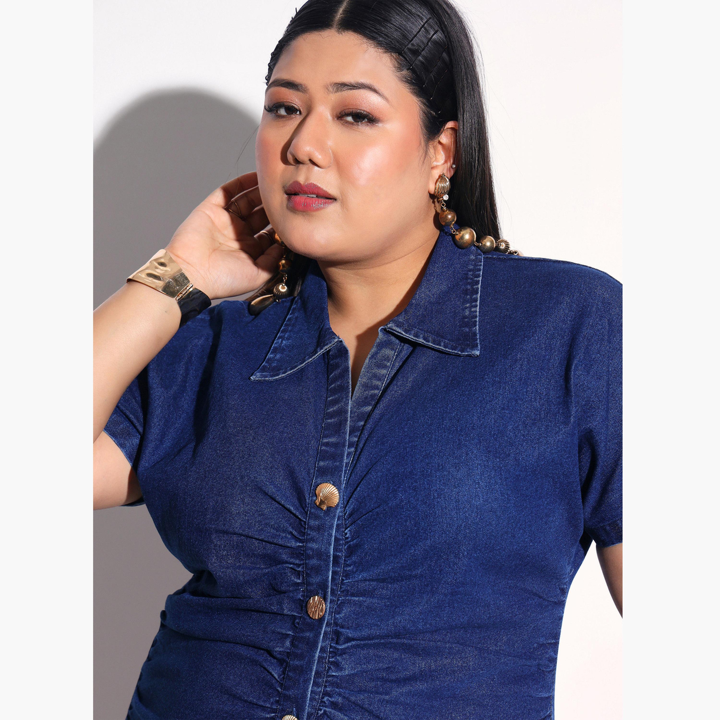 Sassafras X Styli Plus Size Denim Front Ruched Sheath Midi Dress-women-clothing-dresses-image-4