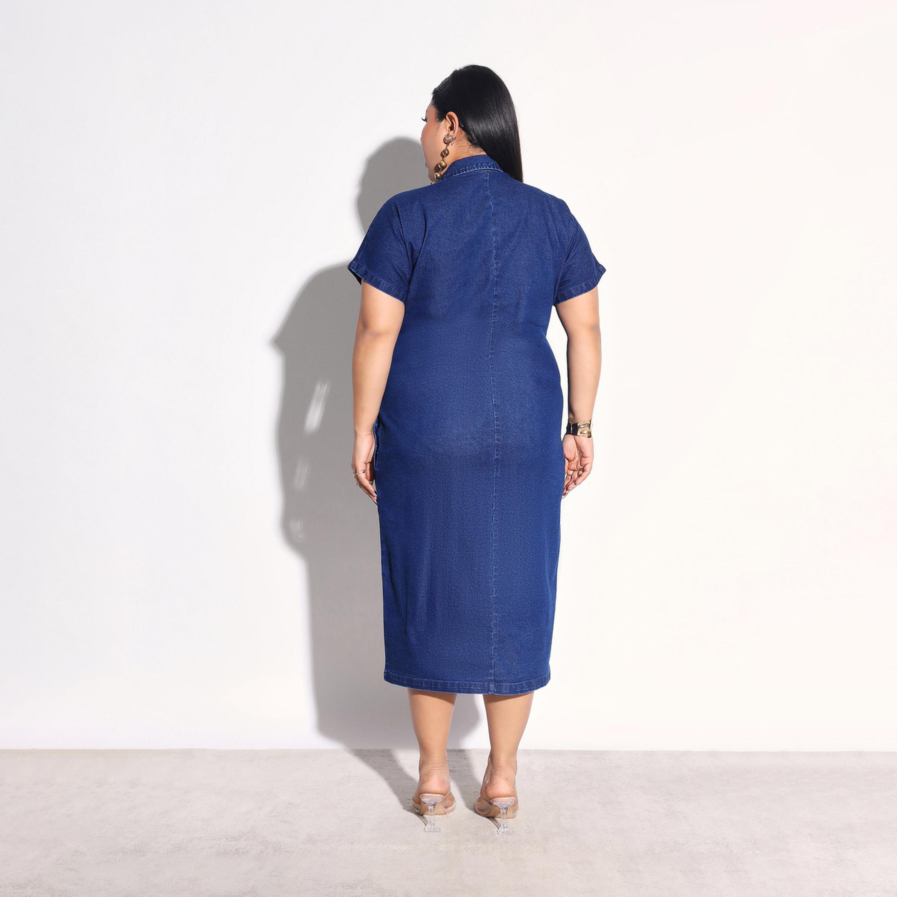 Sassafras X Styli Plus Size Denim Front Ruched Sheath Midi Dress-women-clothing-dresses-image-5