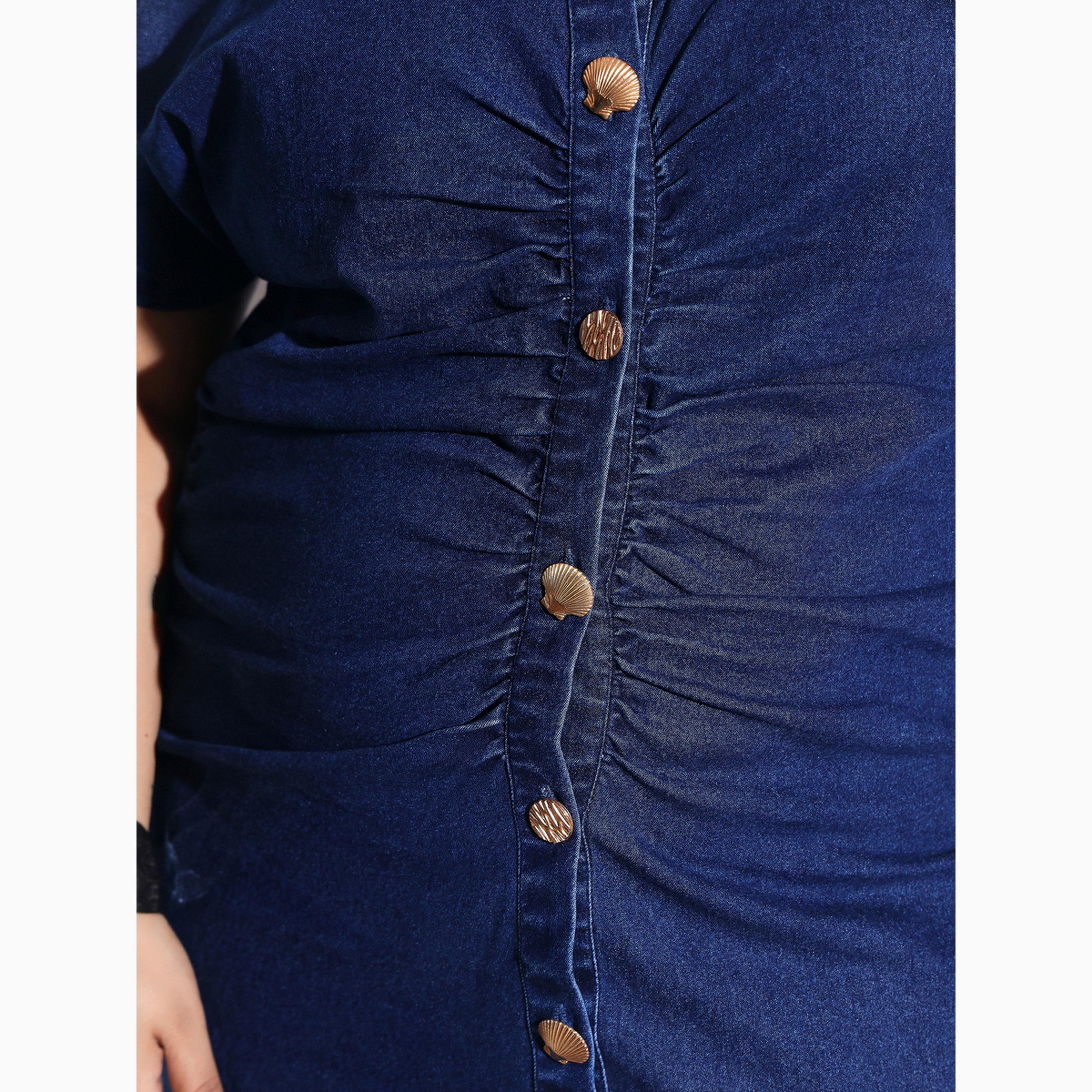 Sassafras X Styli Plus Size Denim Front Ruched Sheath Midi Dress-women-clothing-dresses-image-6