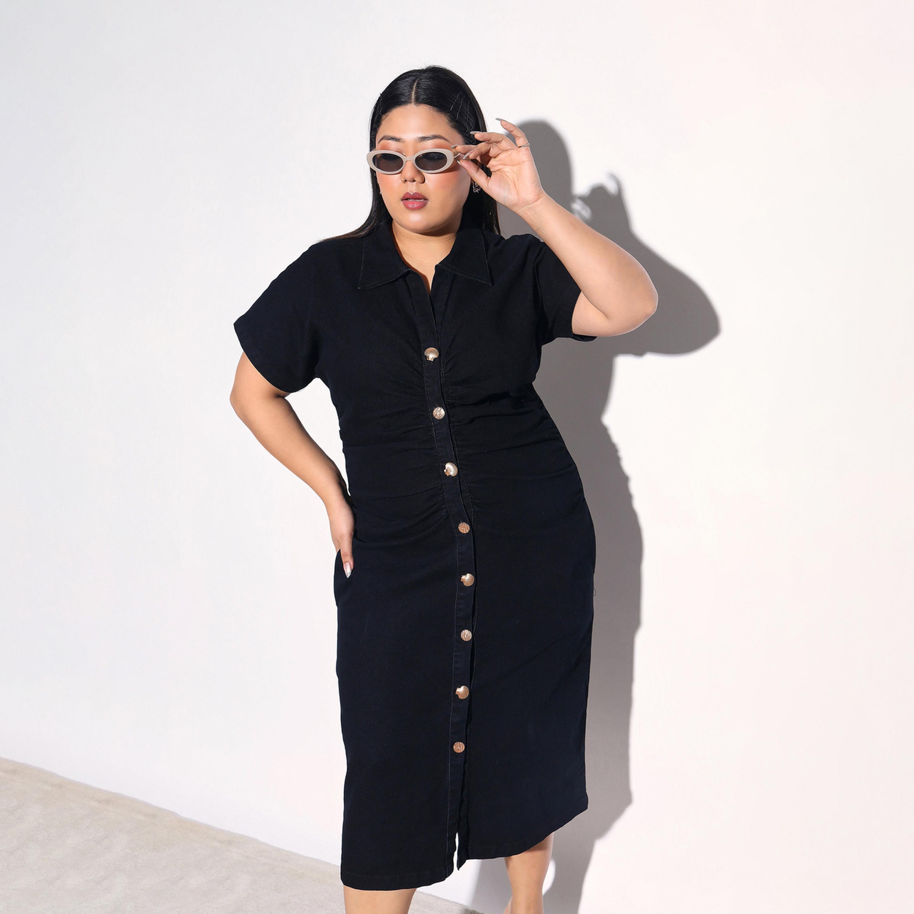 فستان ميدي ضيق دنيم بزمزمة من الأمام مقاس كبير-women-clothing-dresses-image-1