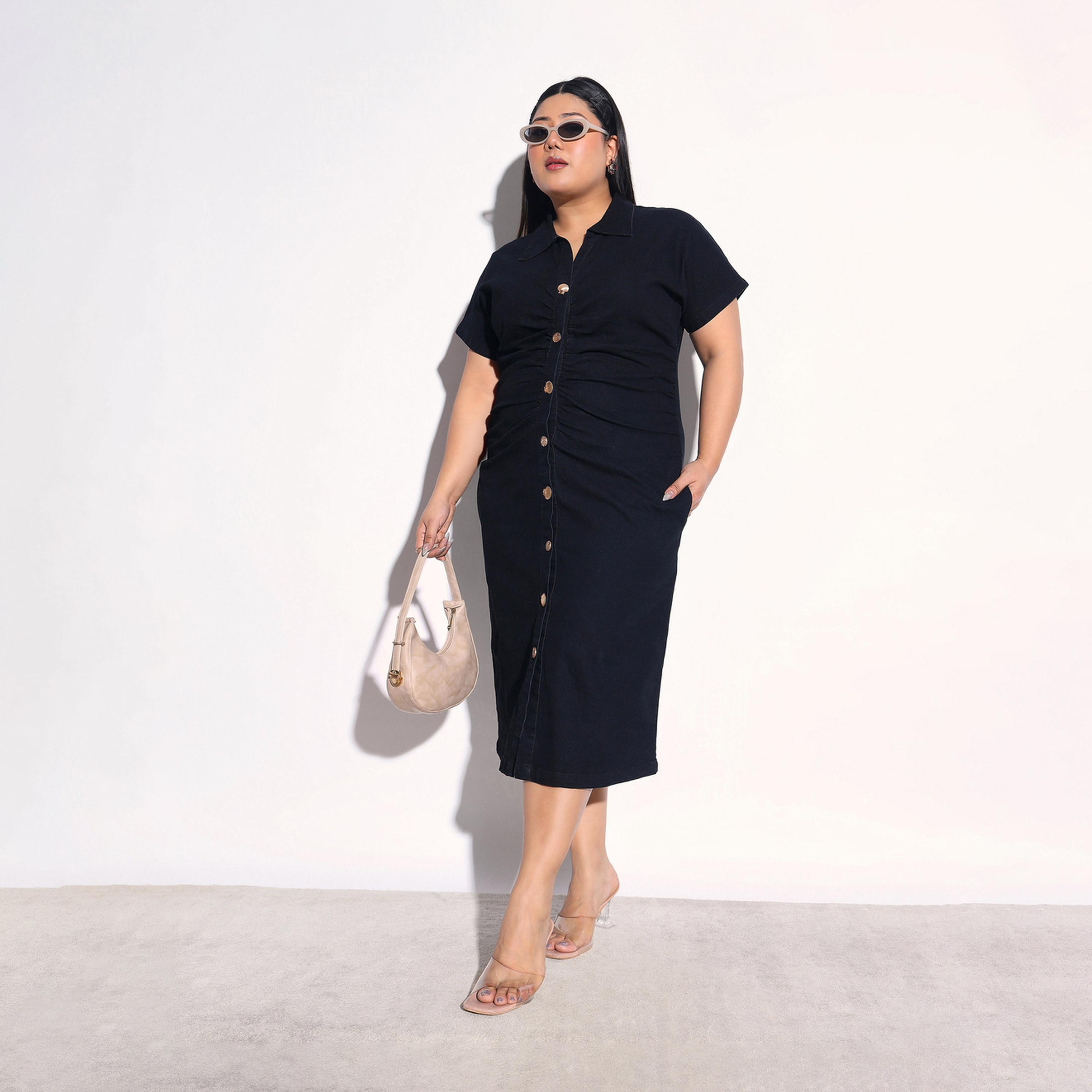 فستان ميدي ضيق دنيم بزمزمة من الأمام مقاس كبير-women-clothing-dresses-image-2