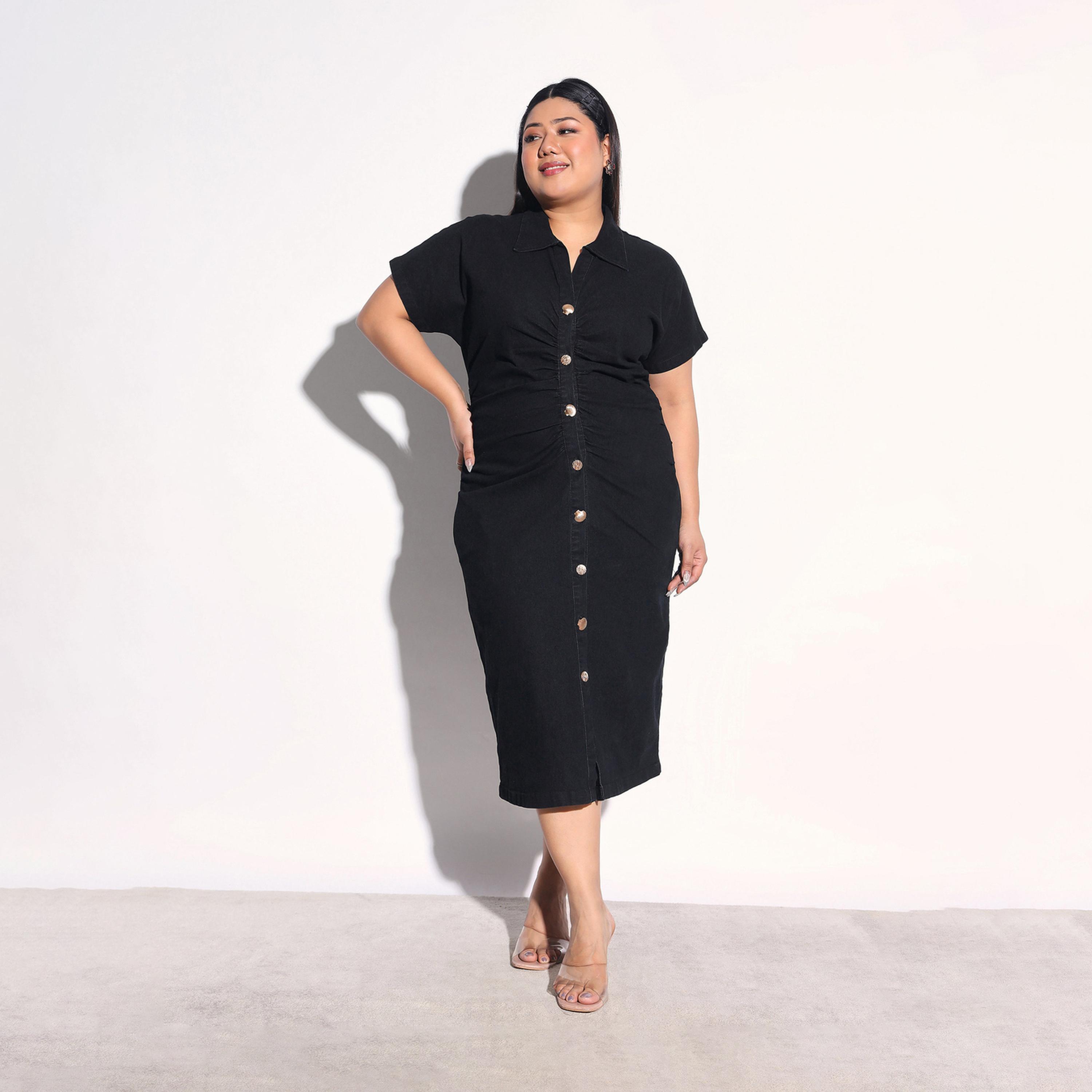 Sassafras X Styli Plus Size Denim Front Ruched Sheath Midi Dress-women-clothing-dresses-image-4