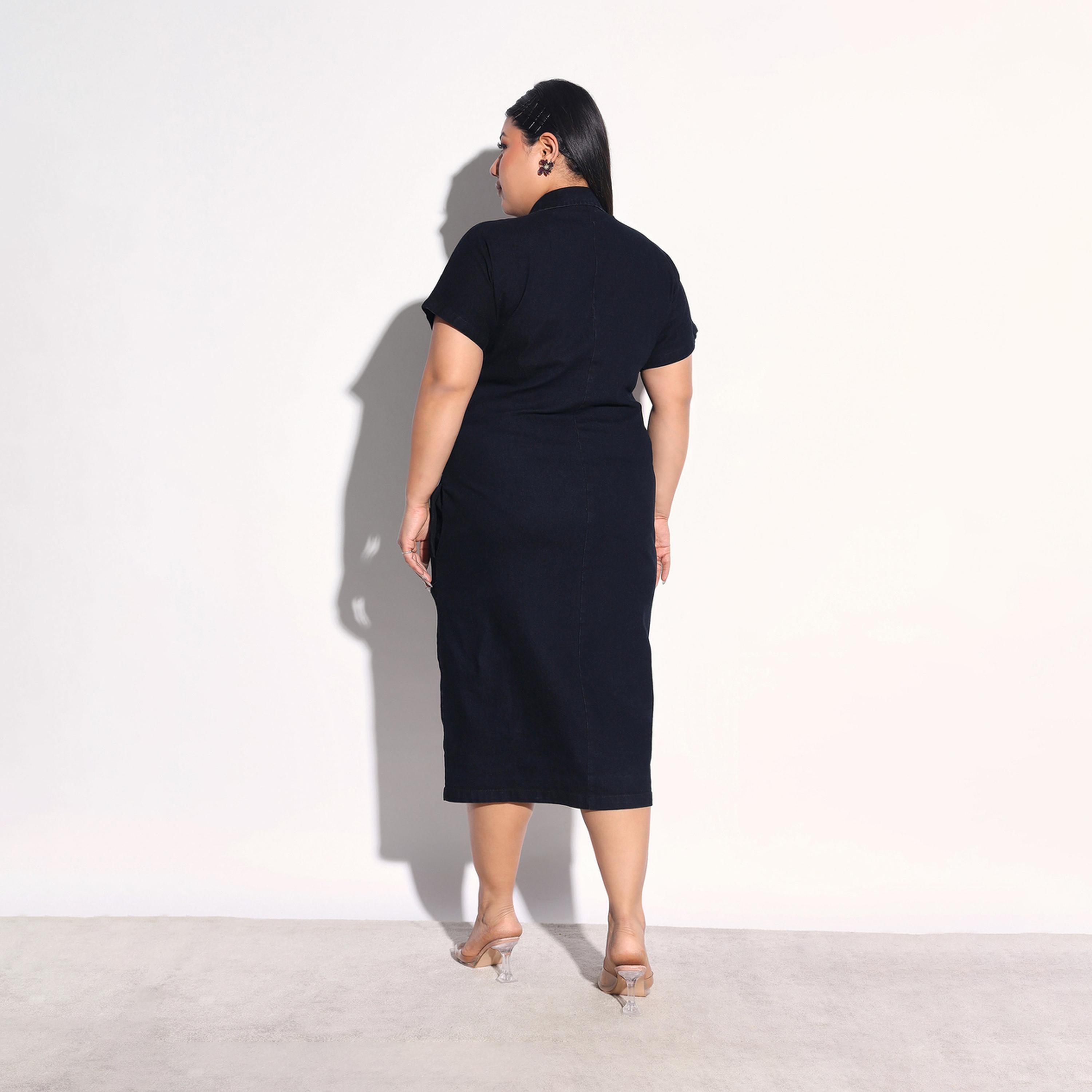 Sassafras X Styli Plus Size Denim Front Ruched Sheath Midi Dress-women-clothing-dresses-image-5