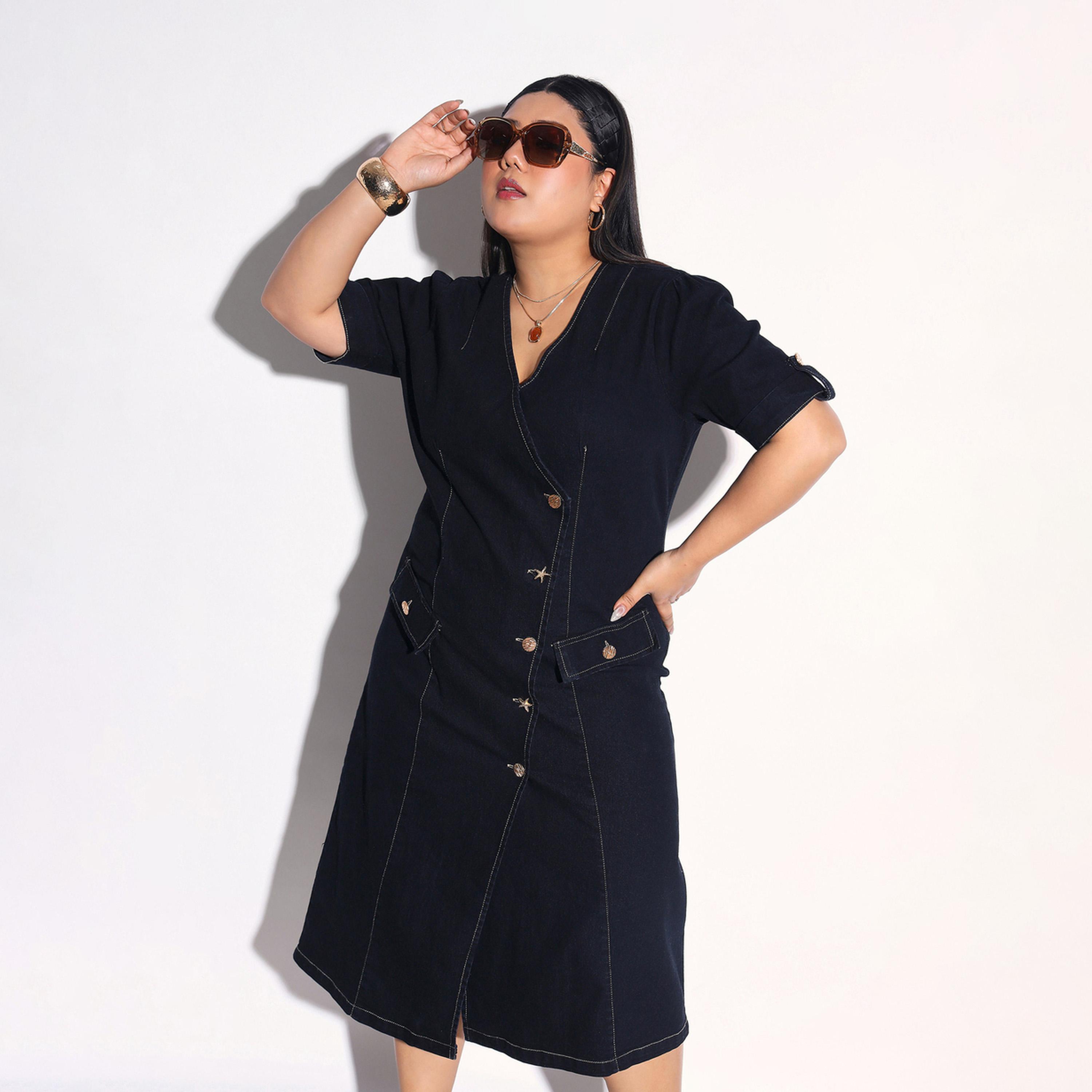Sassafras X Styli Plus Size Denim Wrap Midi Dress with Buttons-women-clothing-dresses-image-1