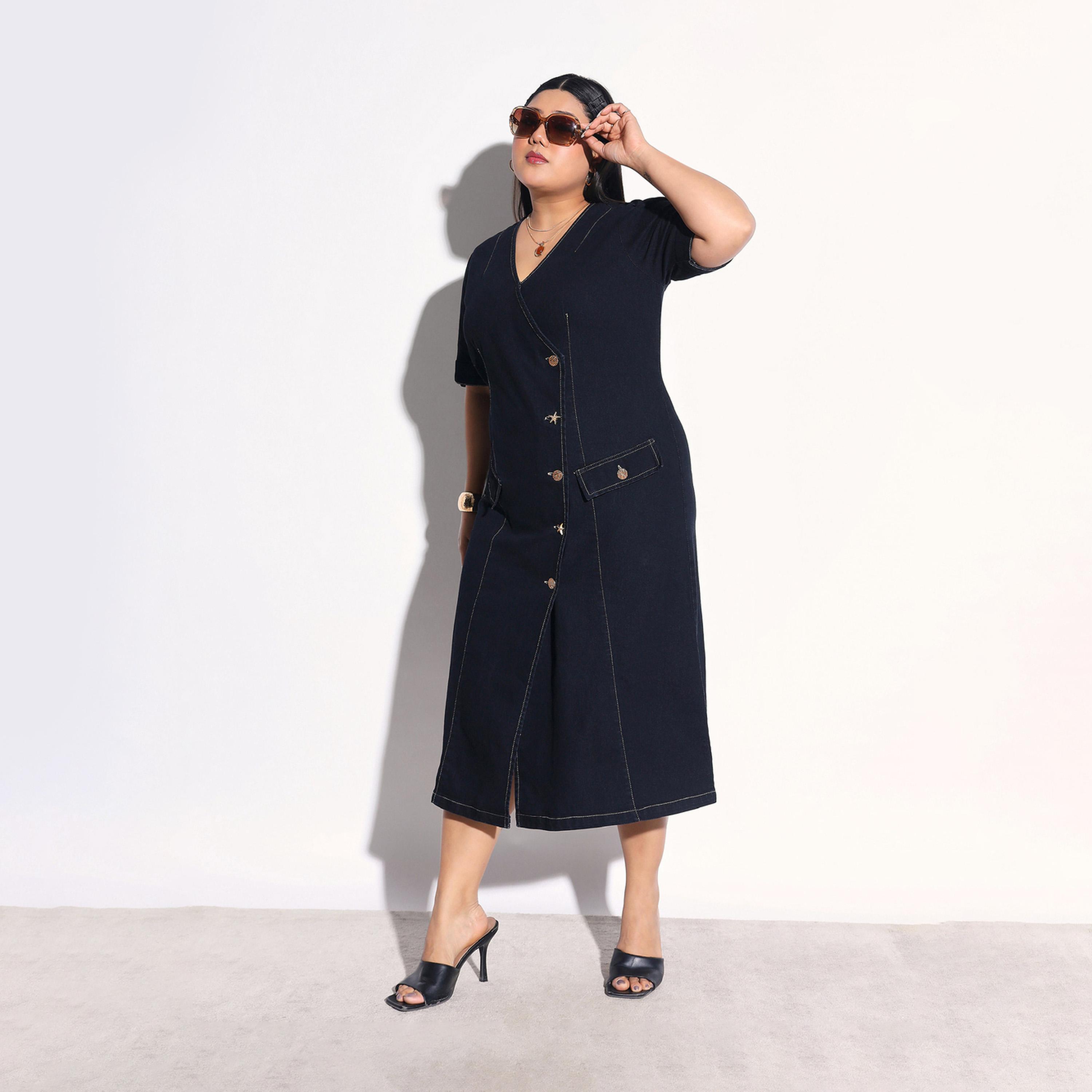 Sassafras X Styli Plus Size Denim Wrap Midi Dress with Buttons-women-clothing-dresses-image-2