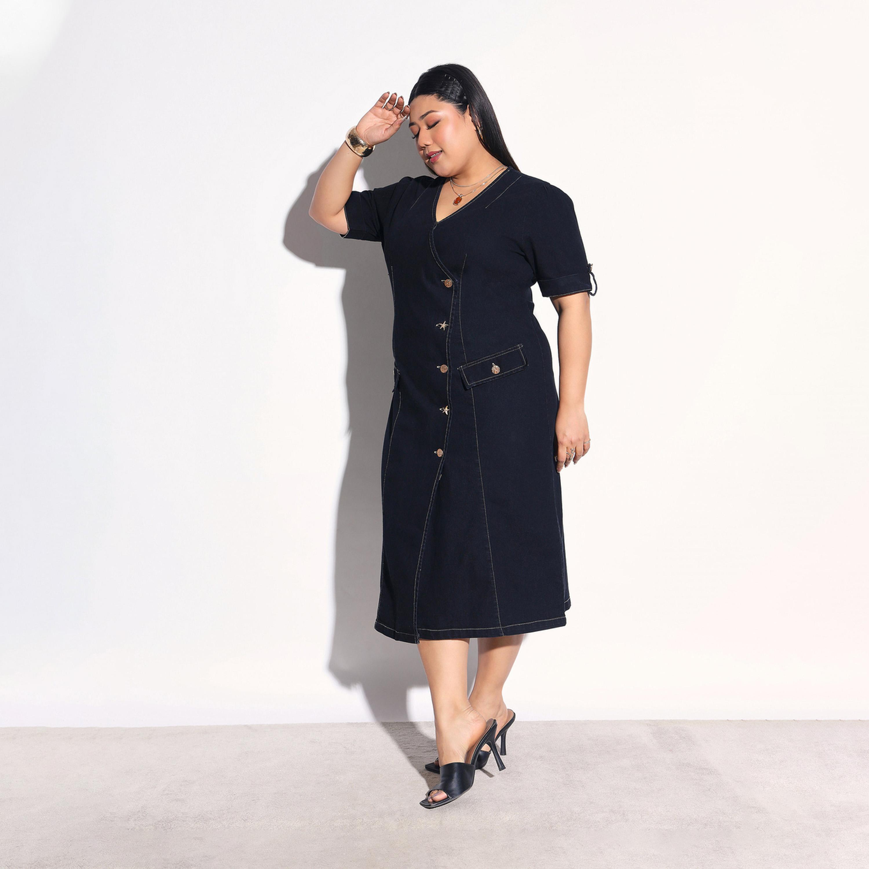 Sassafras X Styli Plus Size Denim Wrap Midi Dress with Buttons-women-clothing-dresses-image-3