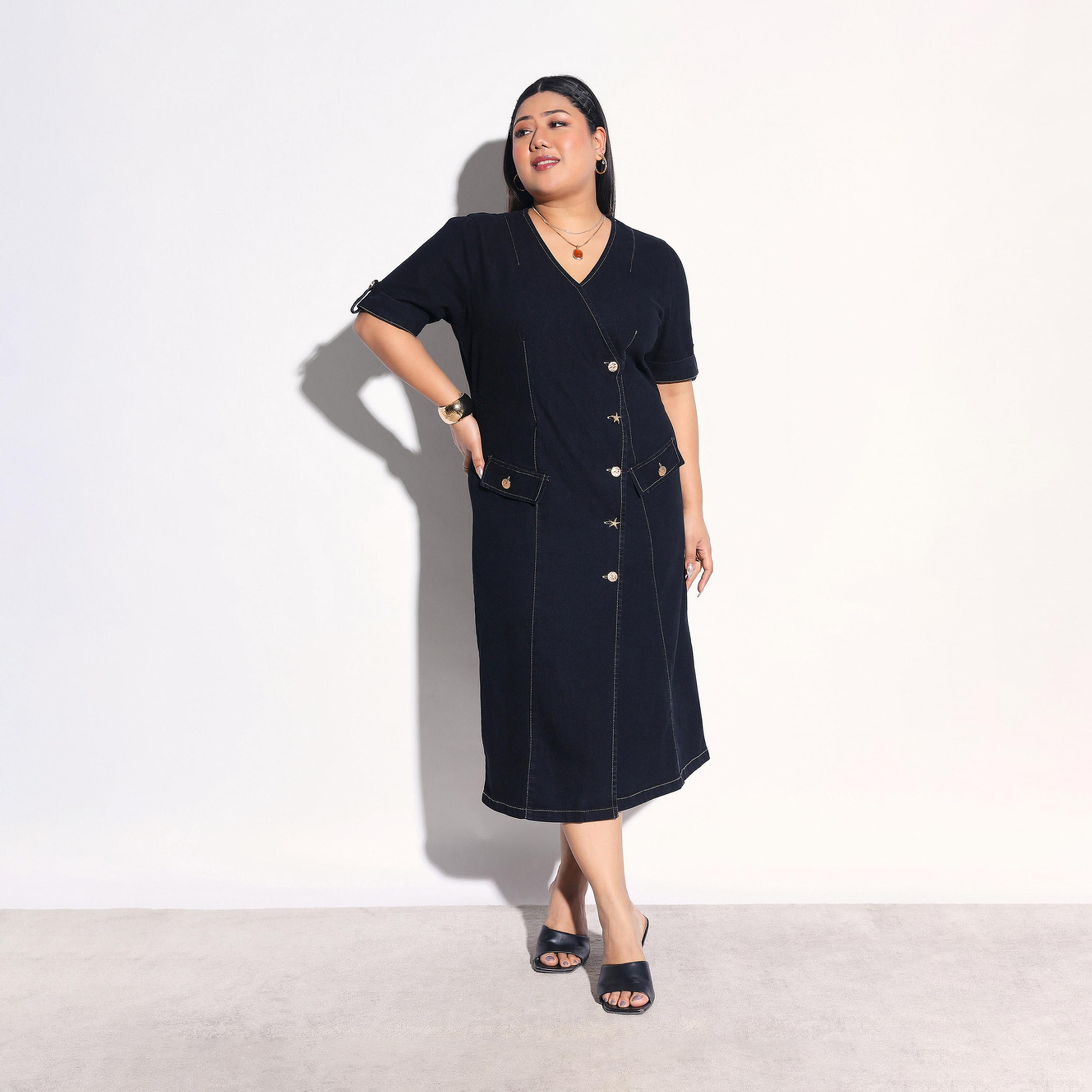 Sassafras X Styli Plus Size Denim Wrap Midi Dress with Buttons-women-clothing-dresses-image-4