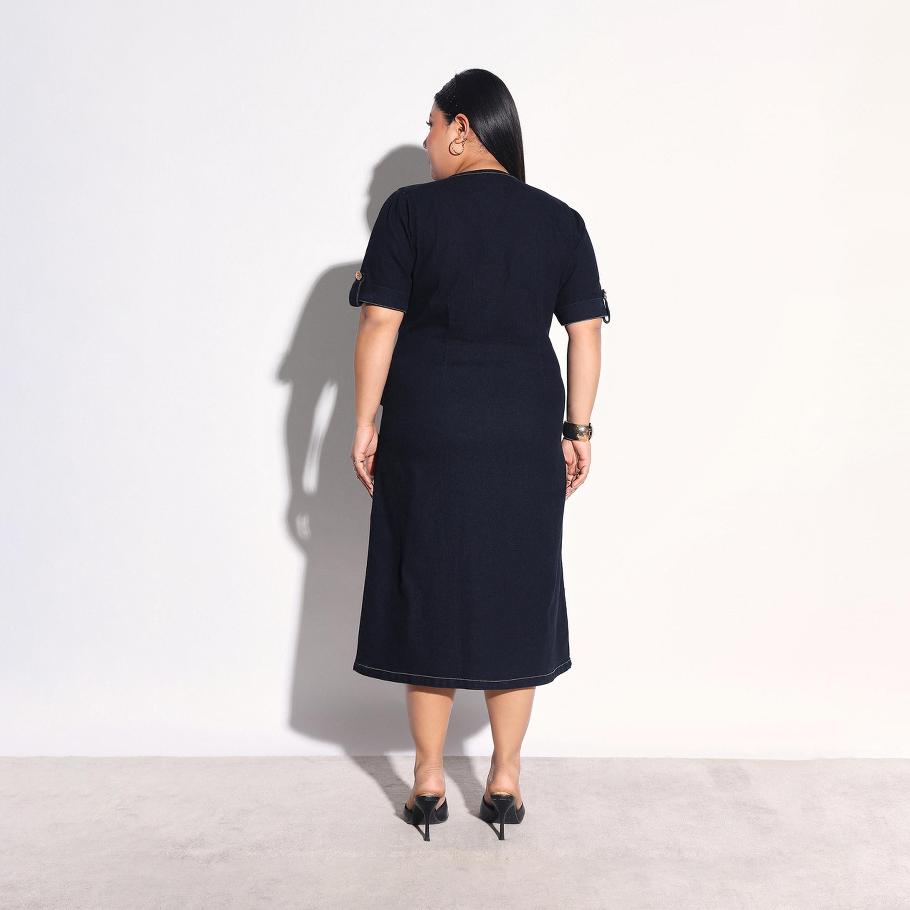 Sassafras X Styli Plus Size Denim Wrap Midi Dress with Buttons-women-clothing-dresses-image-5