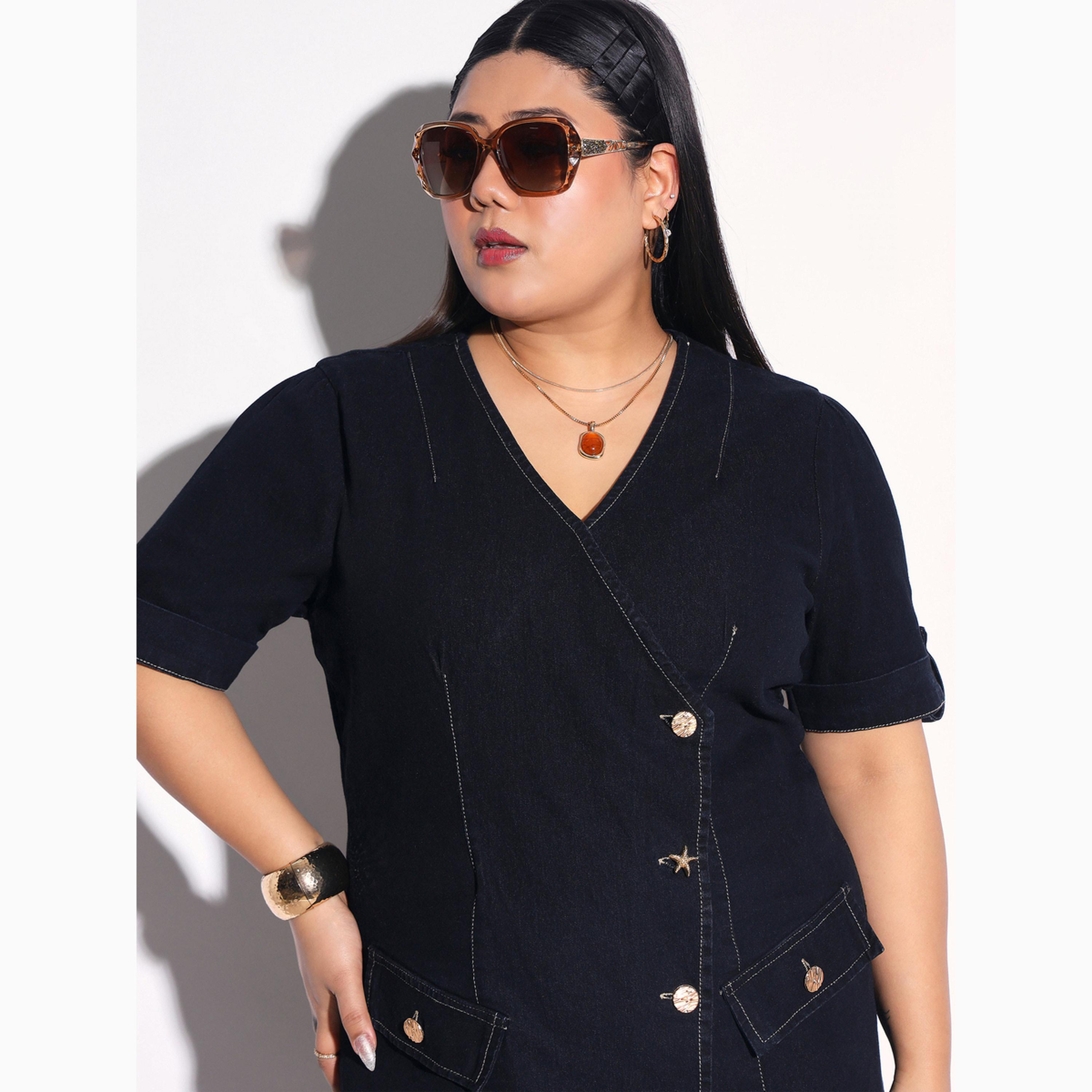 Sassafras X Styli Plus Size Denim Wrap Midi Dress with Buttons-women-clothing-dresses-image-6