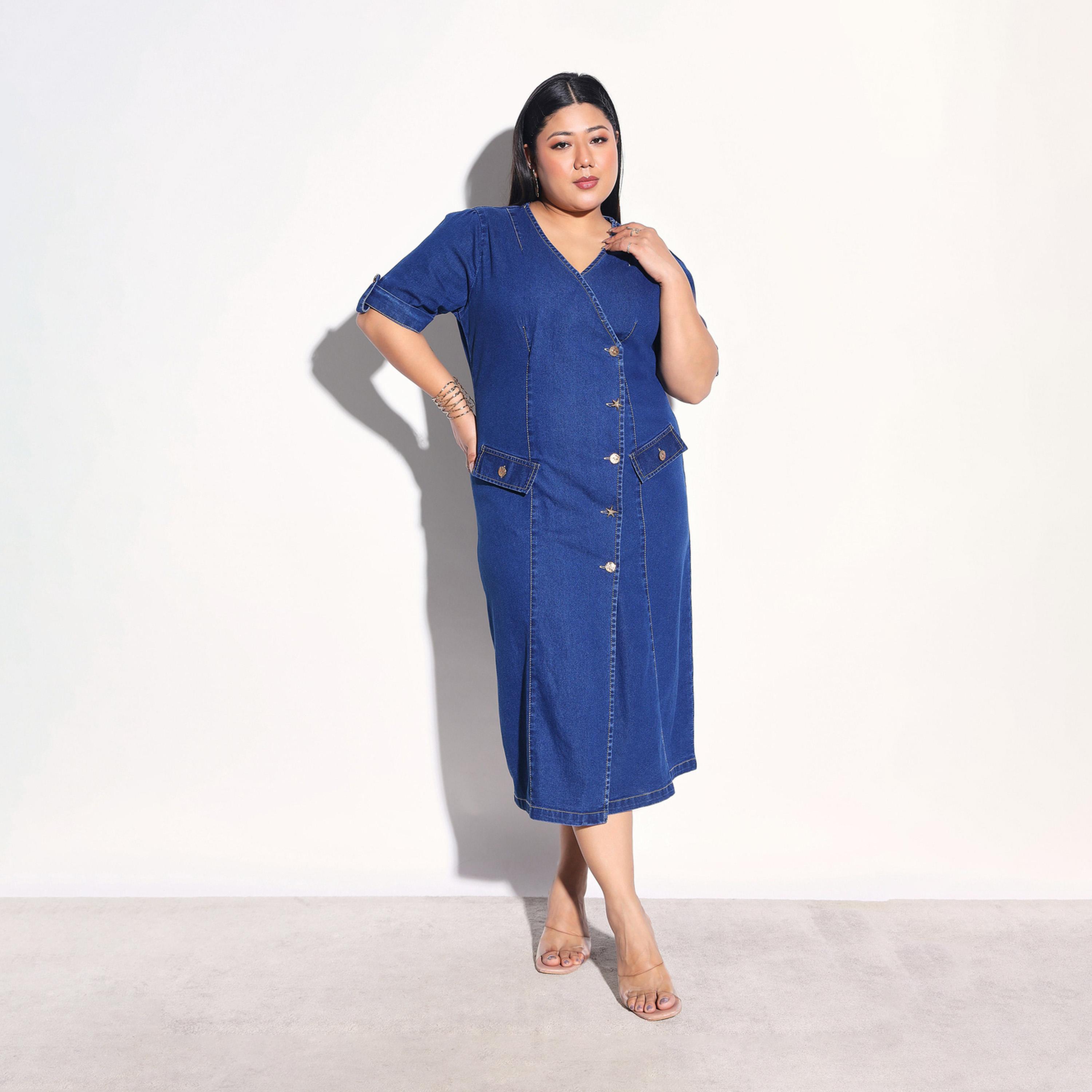فستان ميدي دنيم نمط ملفوف بأزرار مقاس كبير-women-clothing-dresses-image-1
