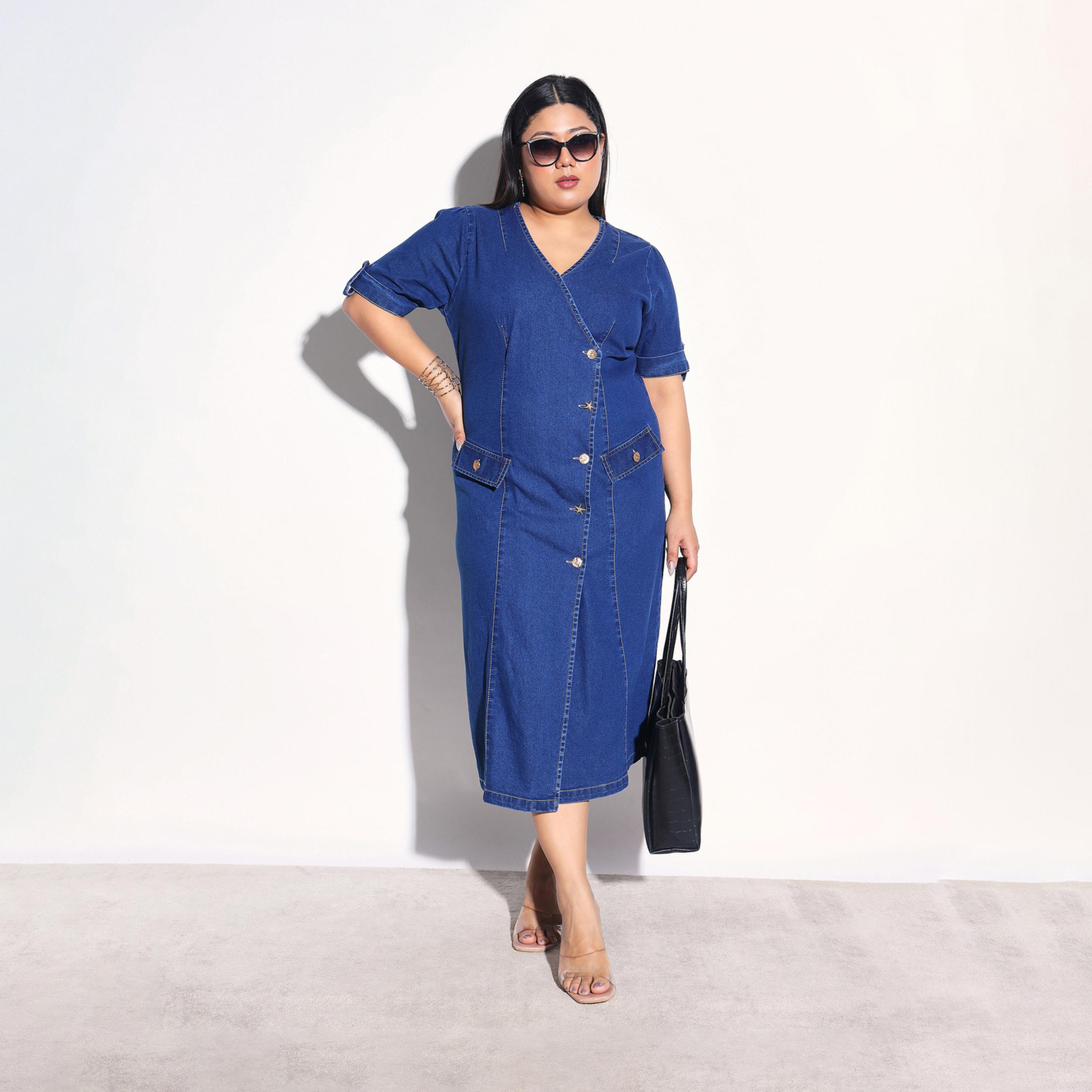 فستان ميدي دنيم نمط ملفوف بأزرار مقاس كبير-women-clothing-dresses-image-2