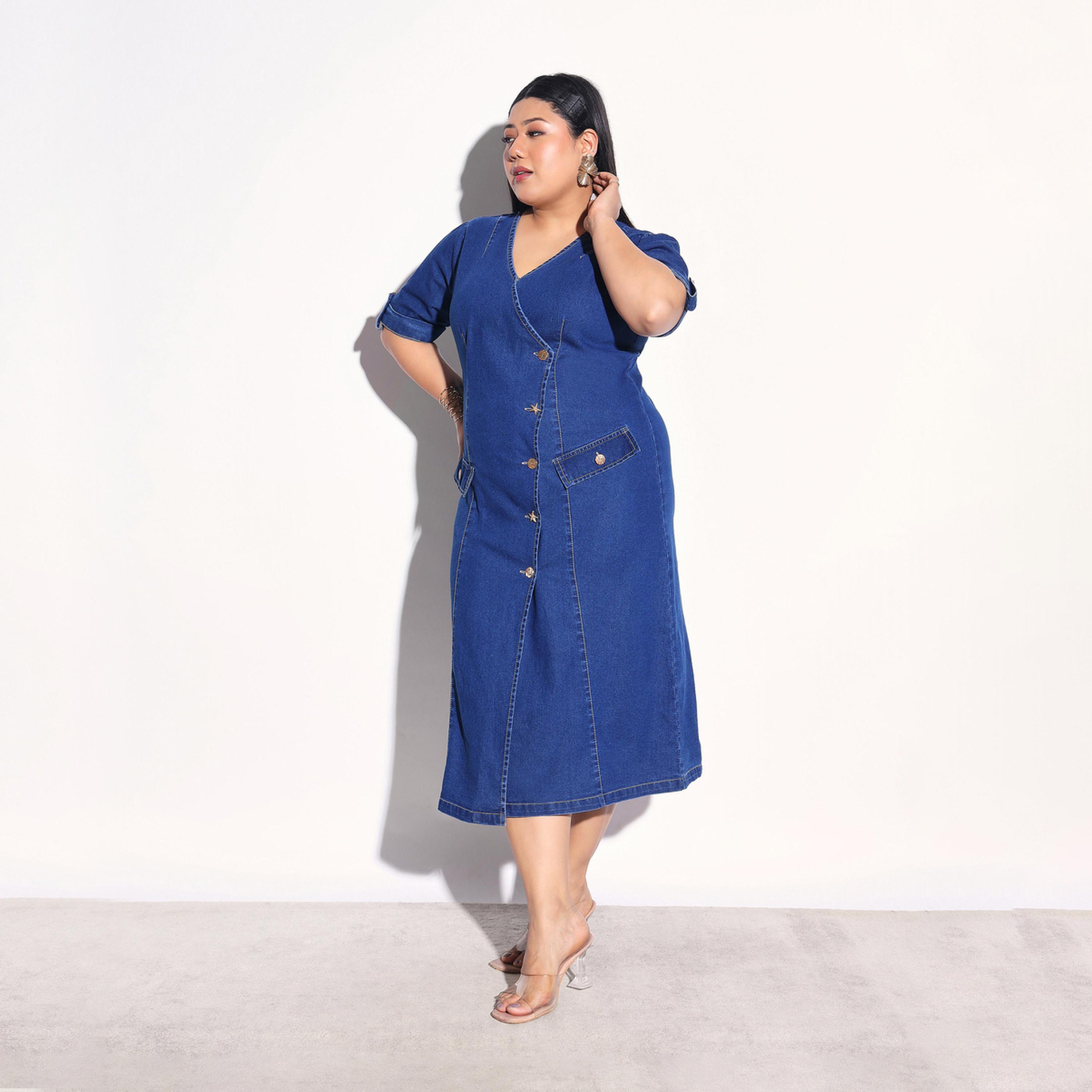 فستان ميدي دنيم نمط ملفوف بأزرار مقاس كبير-women-clothing-dresses-image-3