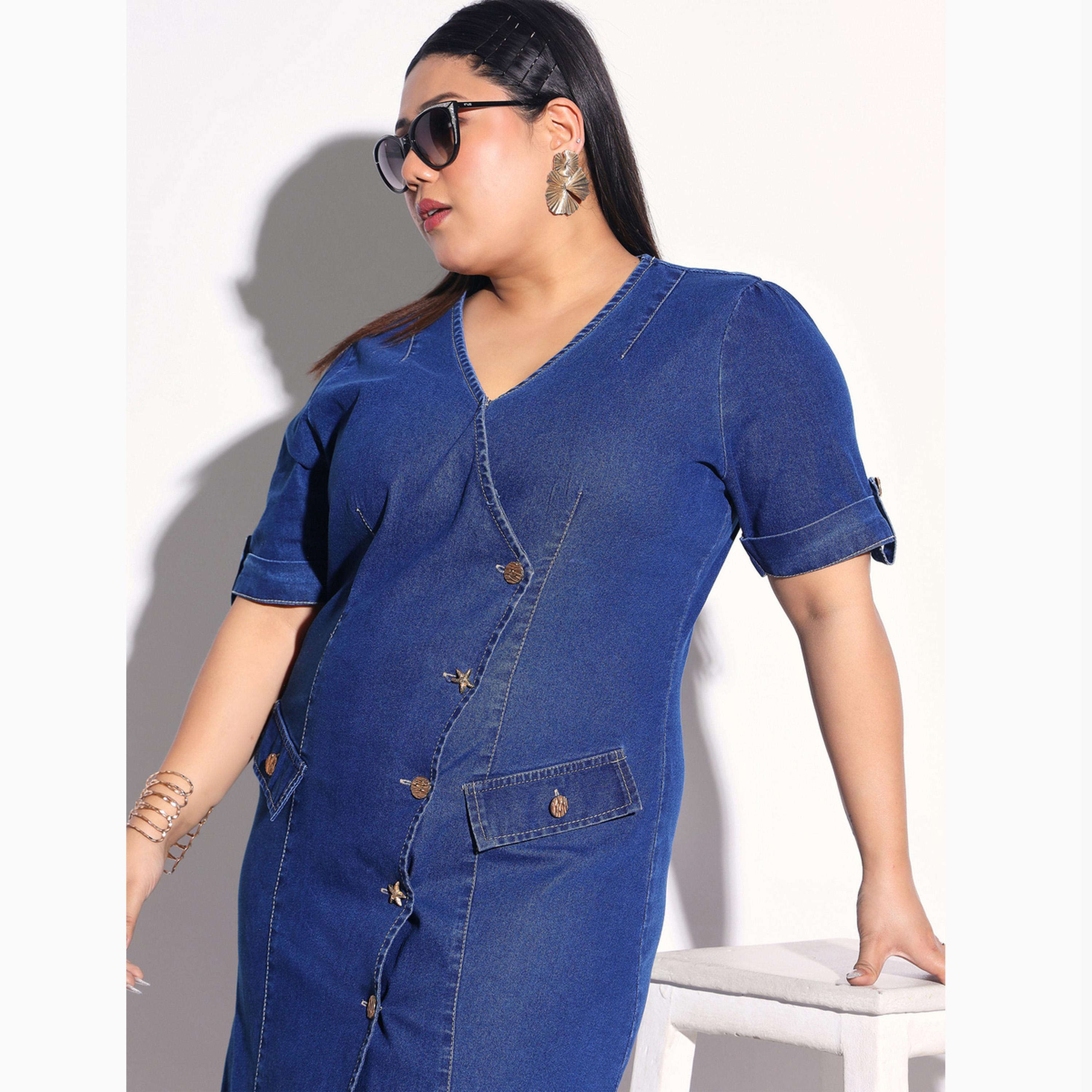 فستان ميدي دنيم نمط ملفوف بأزرار مقاس كبير-women-clothing-dresses-image-6