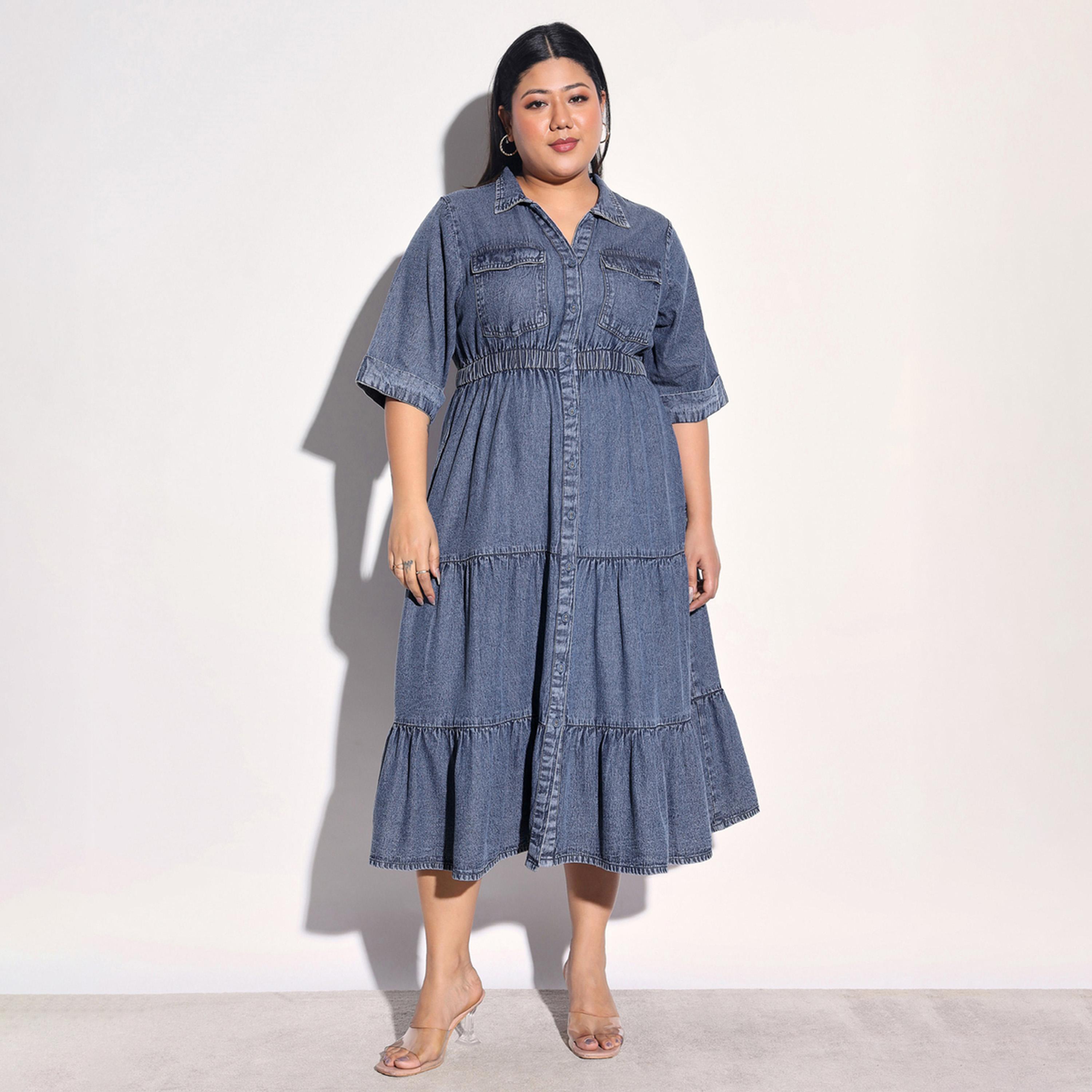 Sassafras X Styli Plus Size Navy Denim Tiered Midi Dress-women-clothing-dresses-image-1