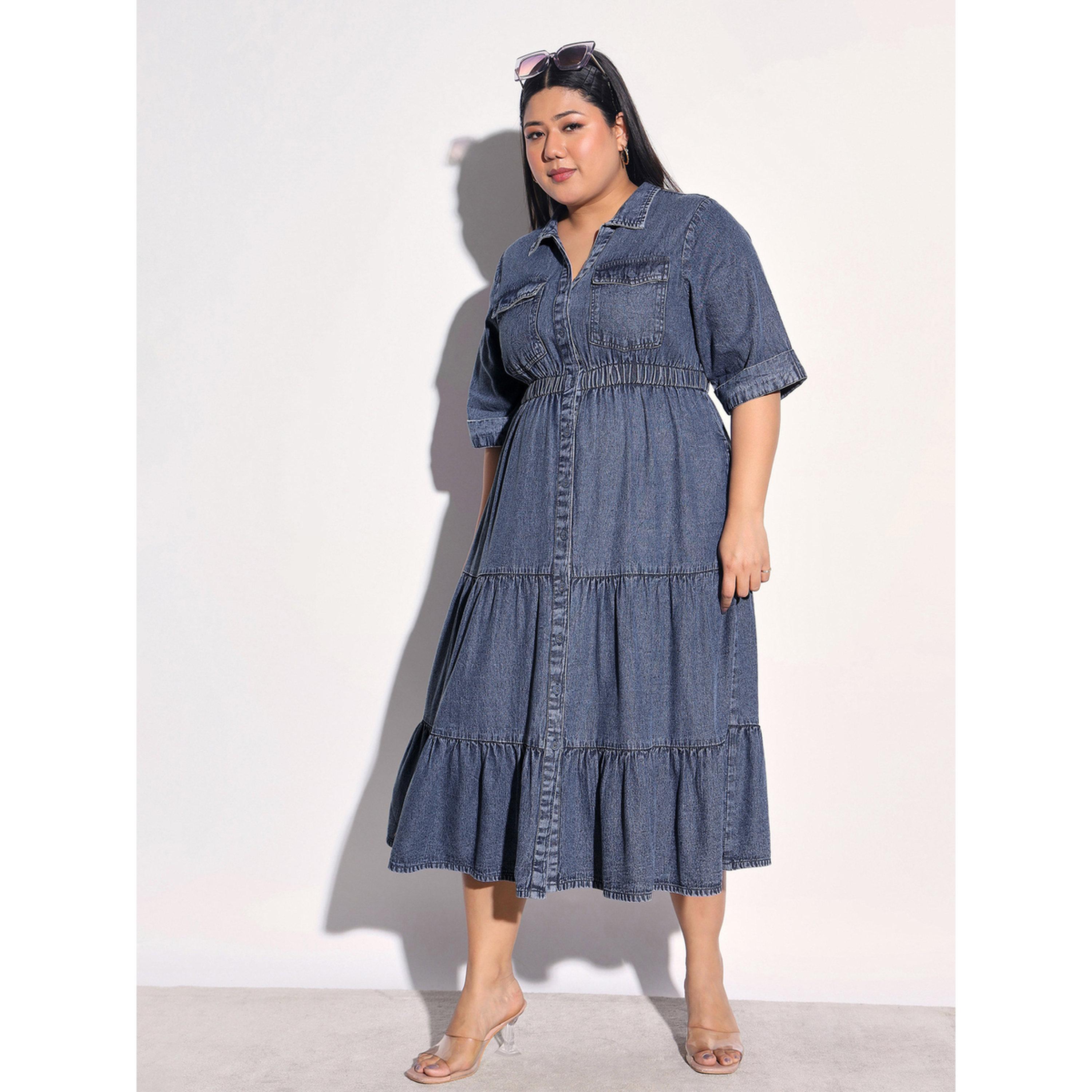 Sassafras X Styli Plus Size Navy Denim Tiered Midi Dress-women-clothing-dresses-image-2