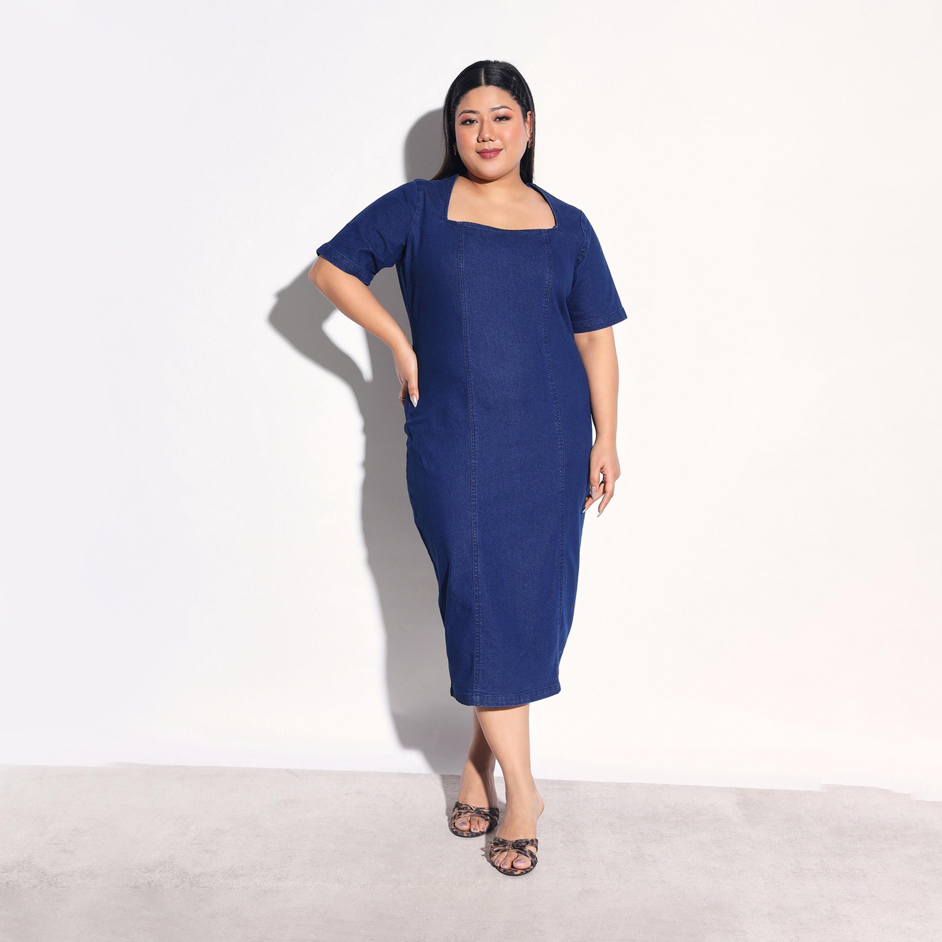 فستان ميدي ضيق دنيم بأكمام قصيرة مقاس كبير-women-clothing-dresses-image-1