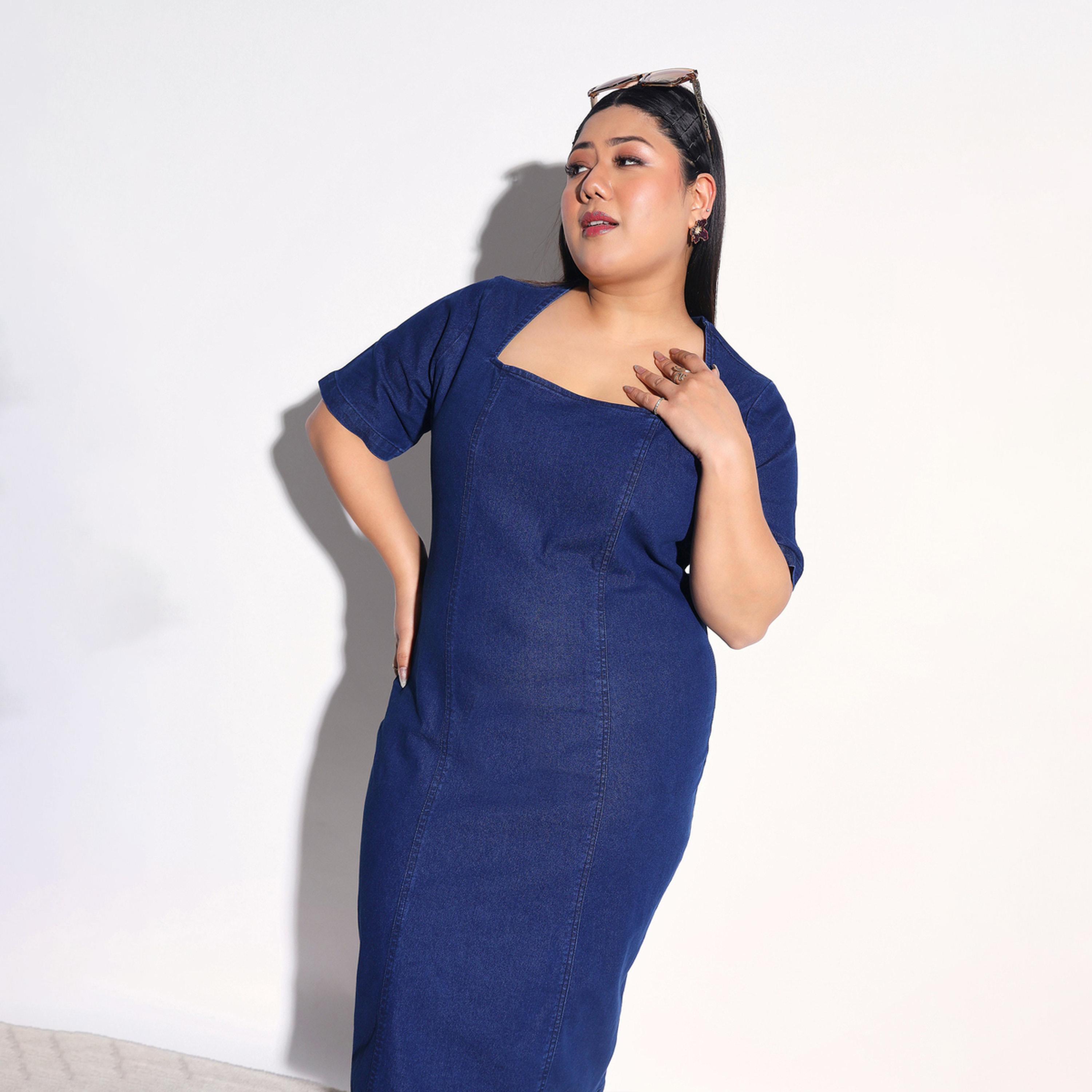 فستان ميدي ضيق دنيم بأكمام قصيرة مقاس كبير-women-clothing-dresses-image-2