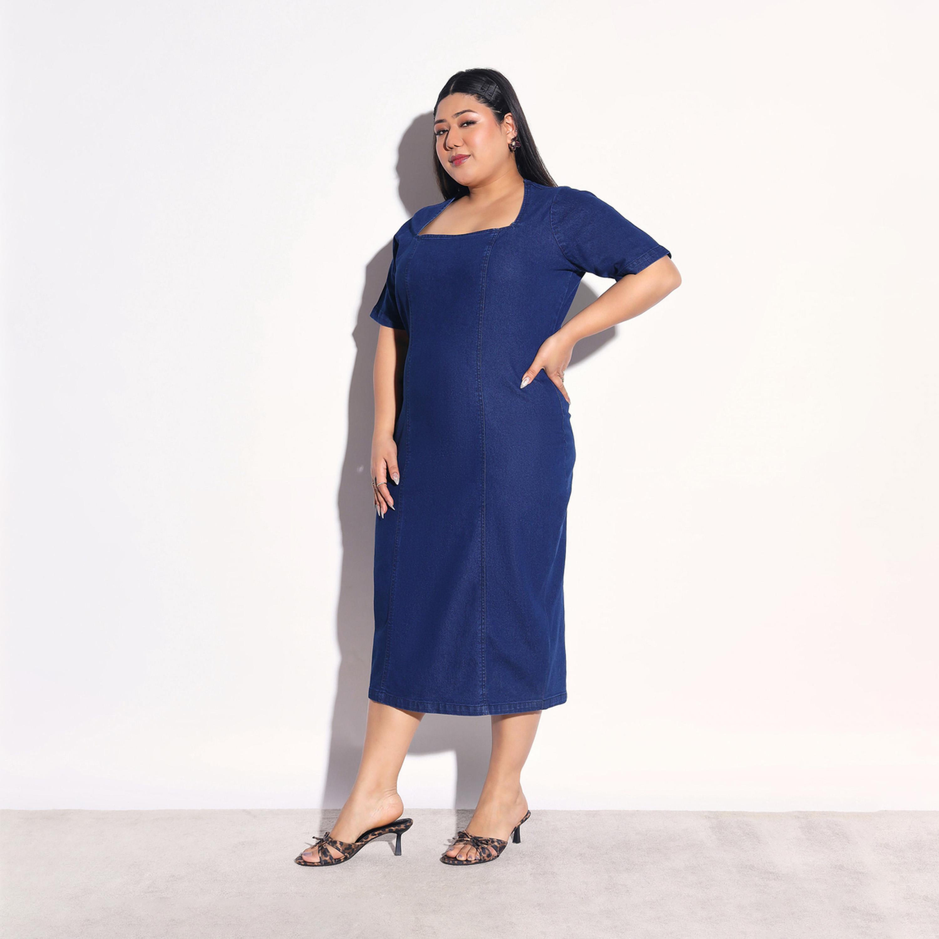 فستان ميدي ضيق دنيم بأكمام قصيرة مقاس كبير-women-clothing-dresses-image-3