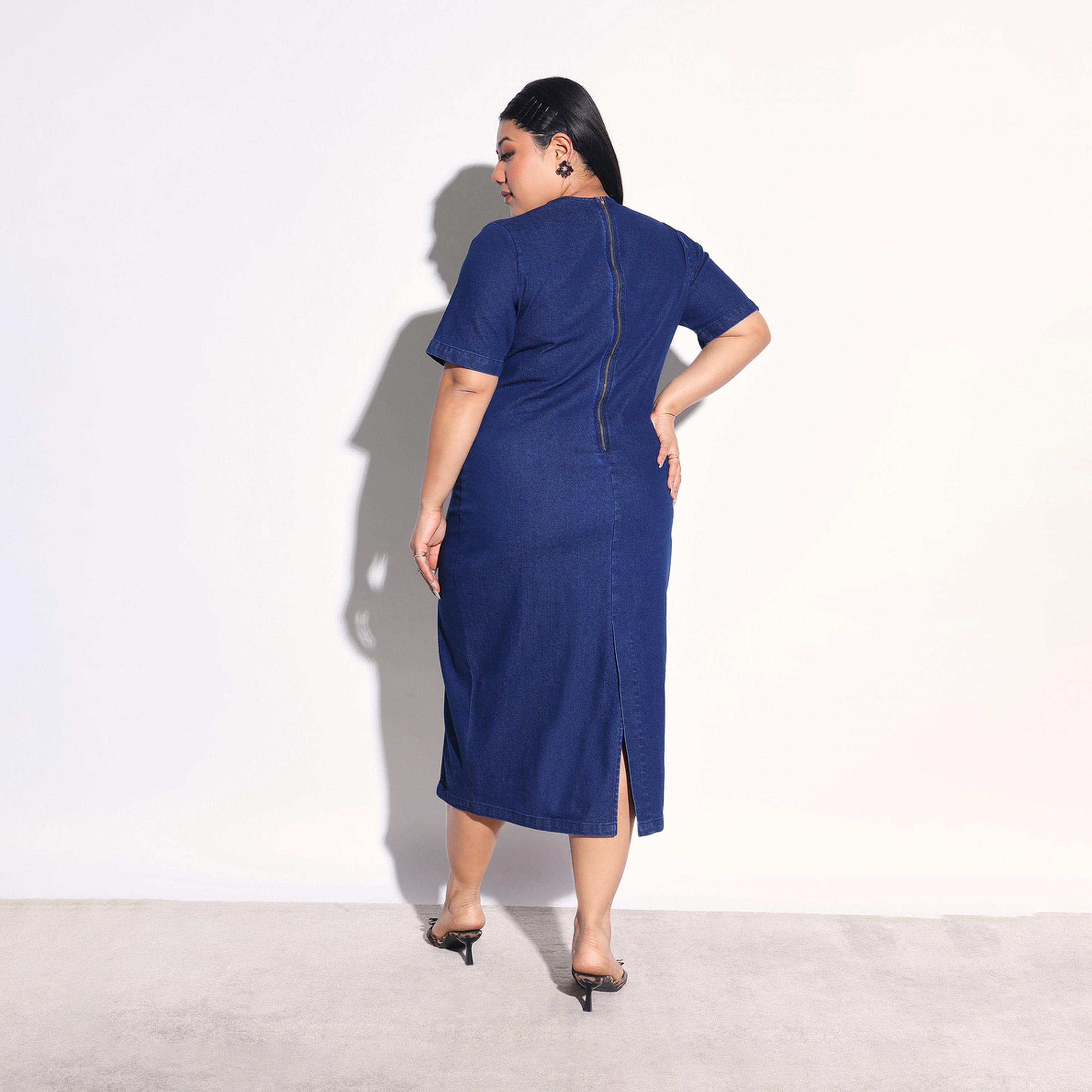 فستان ميدي ضيق دنيم بأكمام قصيرة مقاس كبير-women-clothing-dresses-image-5