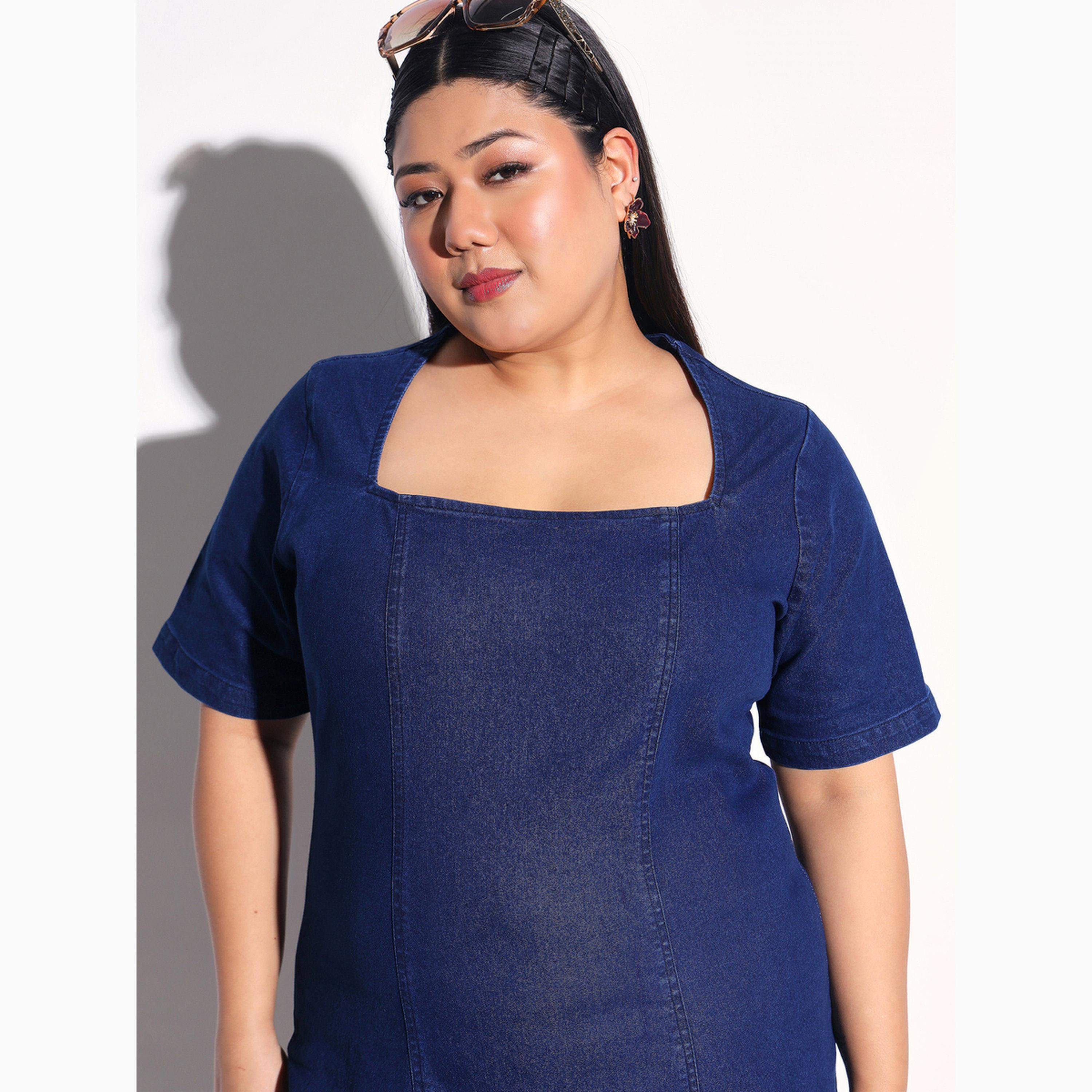 فستان ميدي ضيق دنيم بأكمام قصيرة مقاس كبير-women-clothing-dresses-image-6