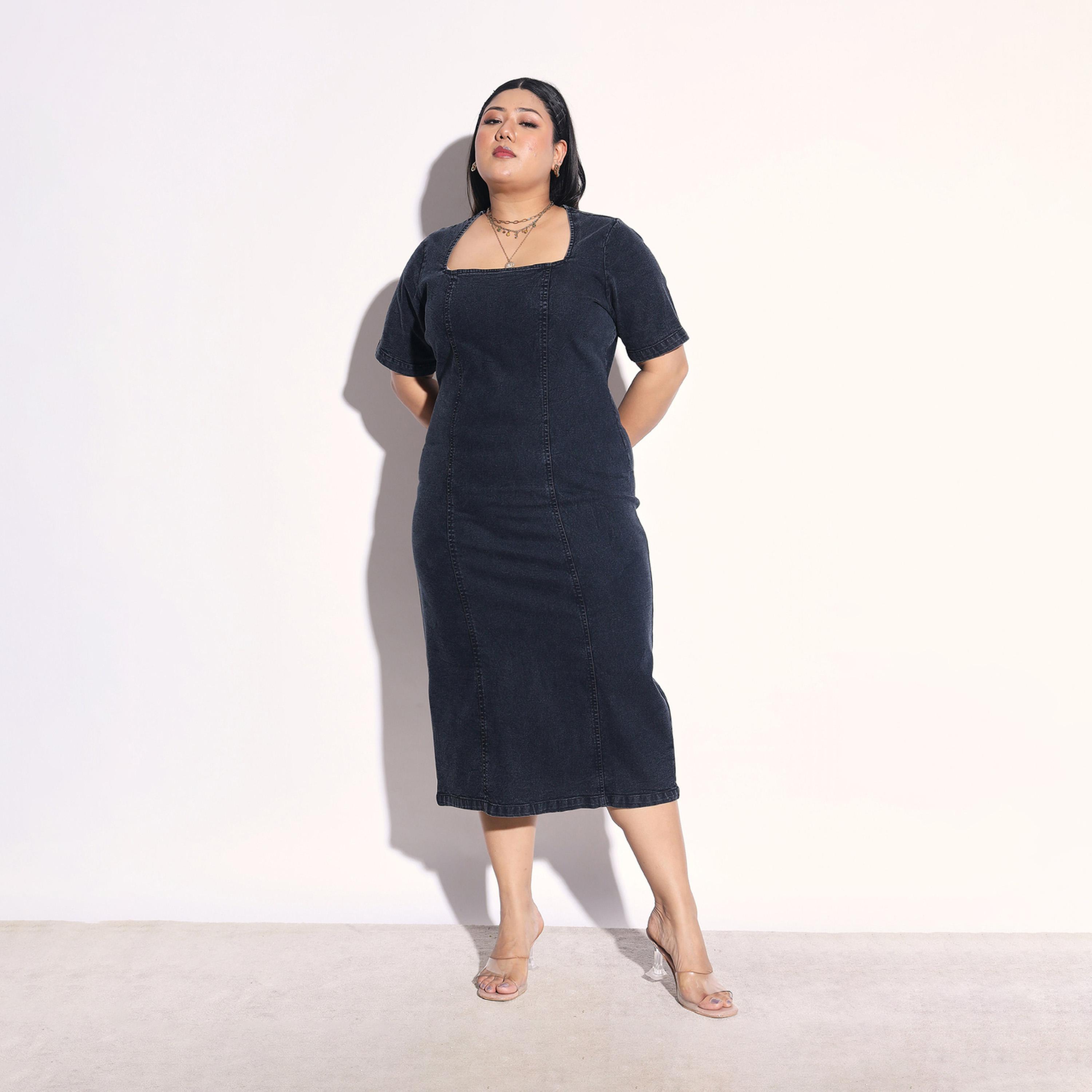 فستان ميدي ضيق دنيم بنمط مغسول مقاس كبير-women-clothing-dresses-image-1