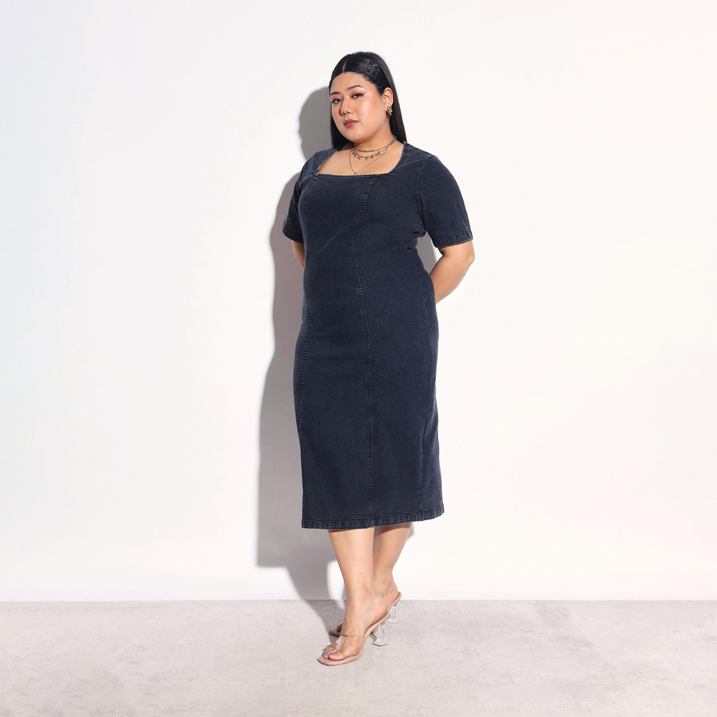 فستان ميدي ضيق دنيم بنمط مغسول مقاس كبير-women-clothing-dresses-image-3