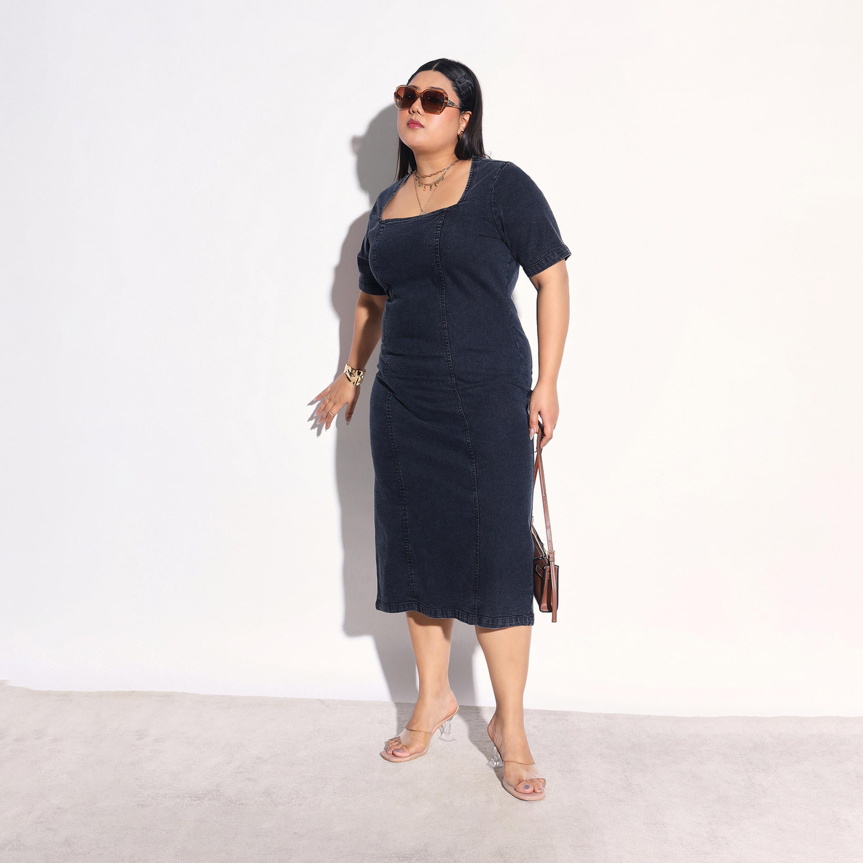 فستان ميدي ضيق دنيم بنمط مغسول مقاس كبير-women-clothing-dresses-image-4