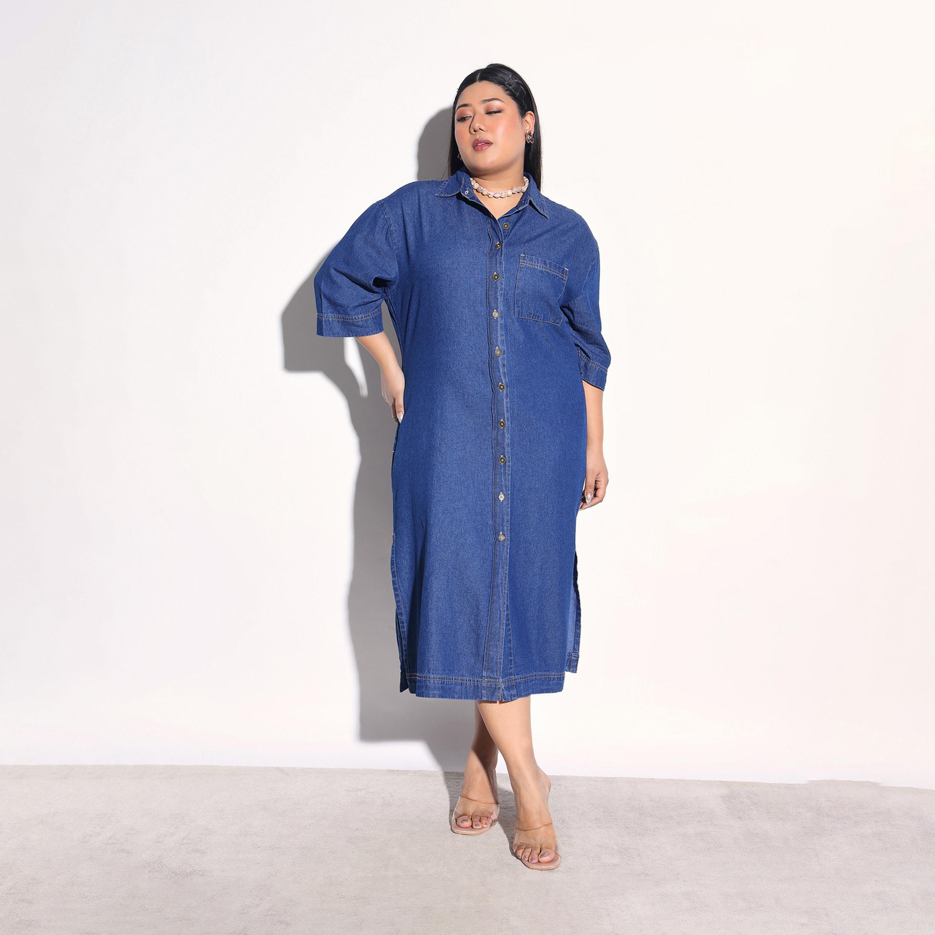 فستان ميدي قميص دنيم بجيوب مقاس كبير-women-clothing-dresses-image-1