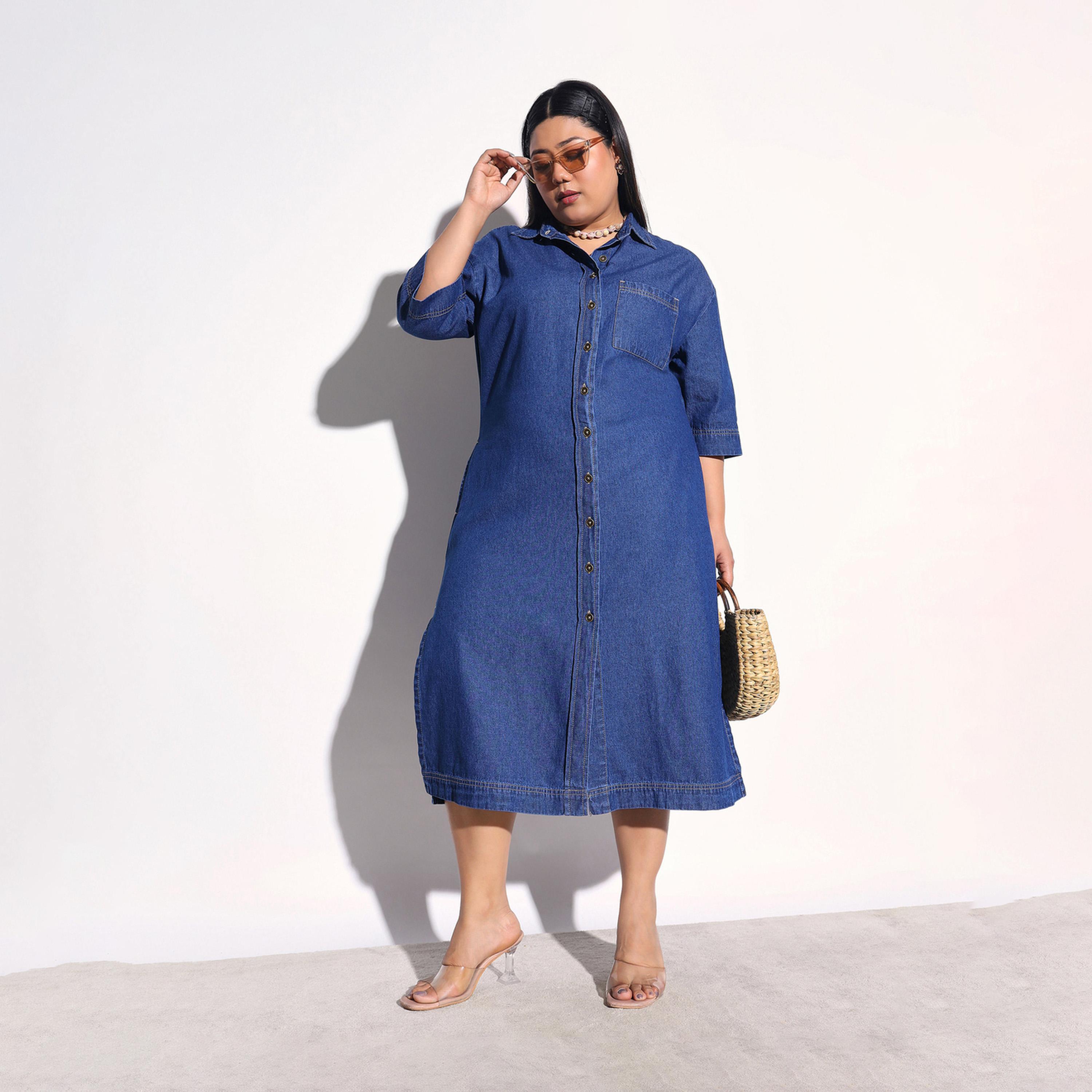 فستان ميدي قميص دنيم بجيوب مقاس كبير-women-clothing-dresses-image-2