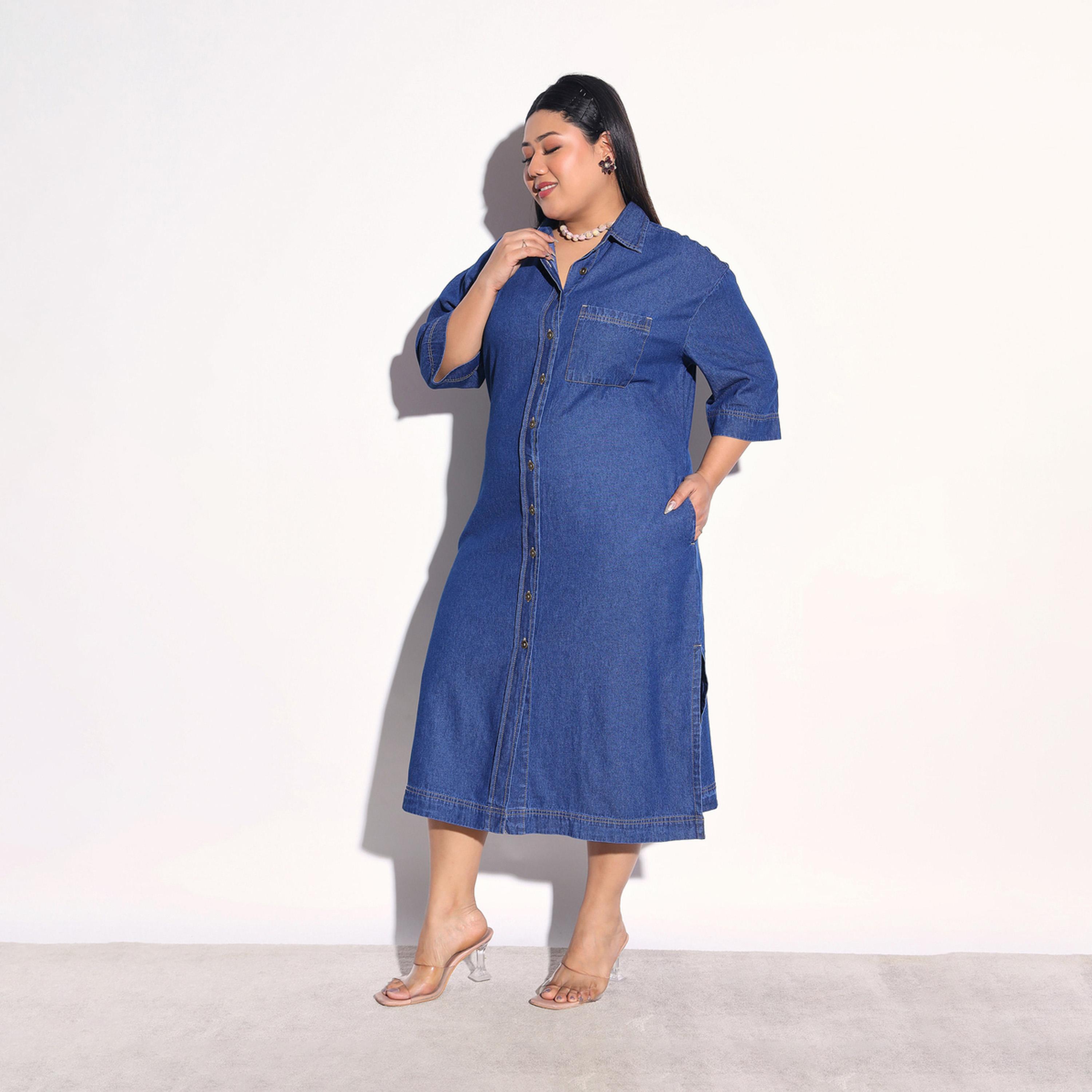 فستان ميدي قميص دنيم بجيوب مقاس كبير-women-clothing-dresses-image-3