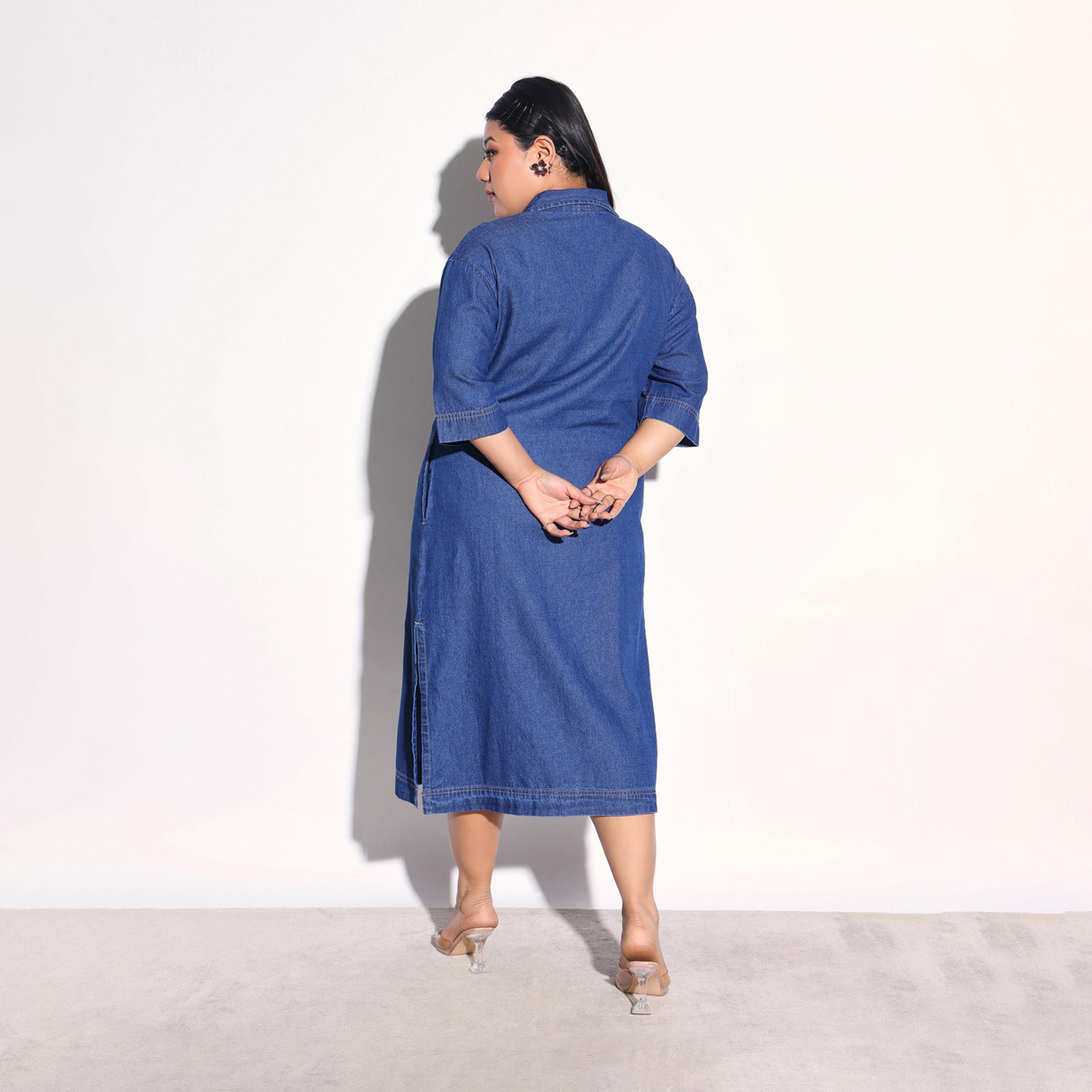 فستان ميدي قميص دنيم بجيوب مقاس كبير-women-clothing-dresses-image-5