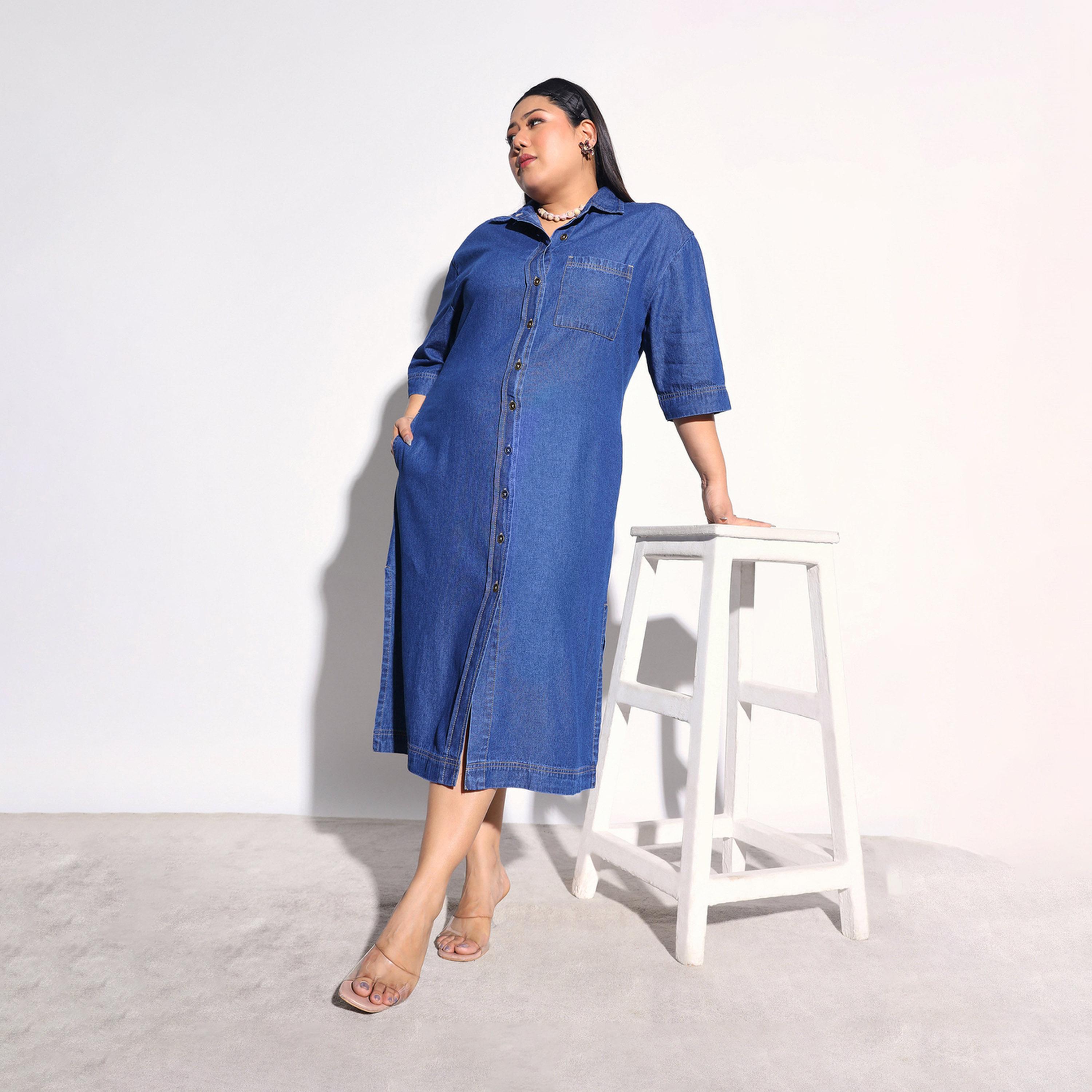 فستان ميدي قميص دنيم بجيوب مقاس كبير-women-clothing-dresses-image-6