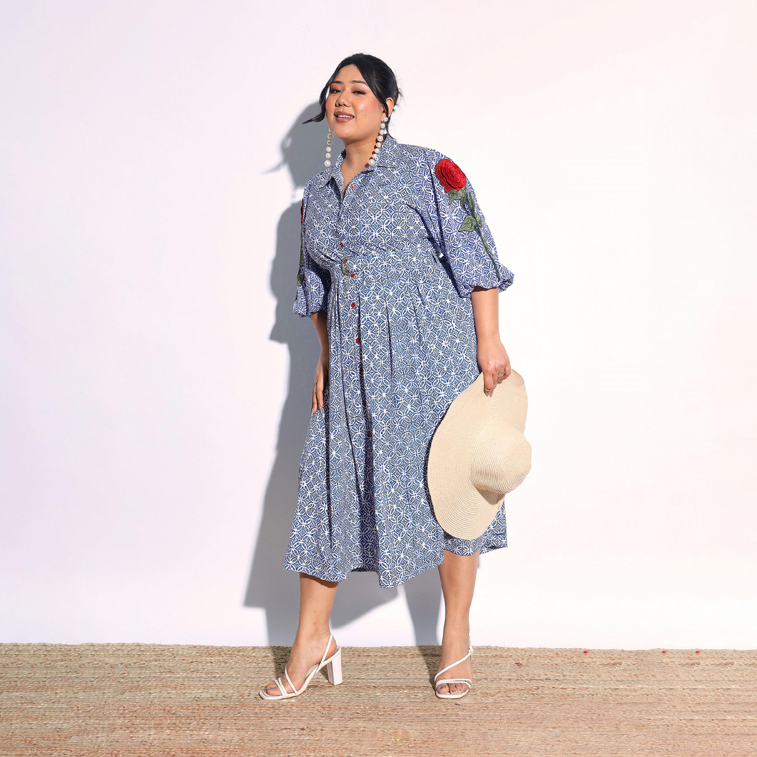 فستان ميدي قميص بأكمام بتفاصيل زهور مقاس كبير-women-clothing-dresses-image-1