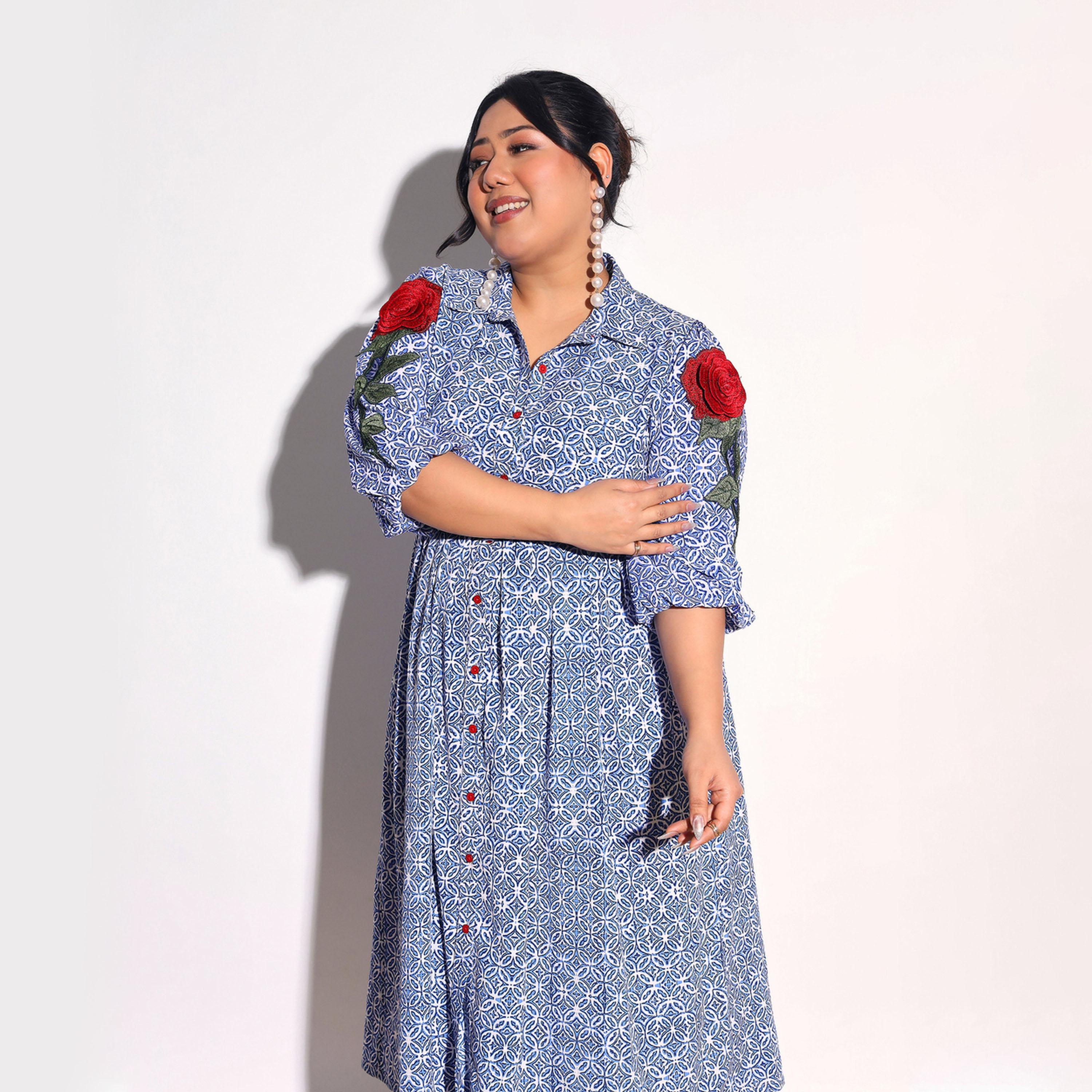 فستان ميدي قميص بأكمام بتفاصيل زهور مقاس كبير-women-clothing-dresses-image-2