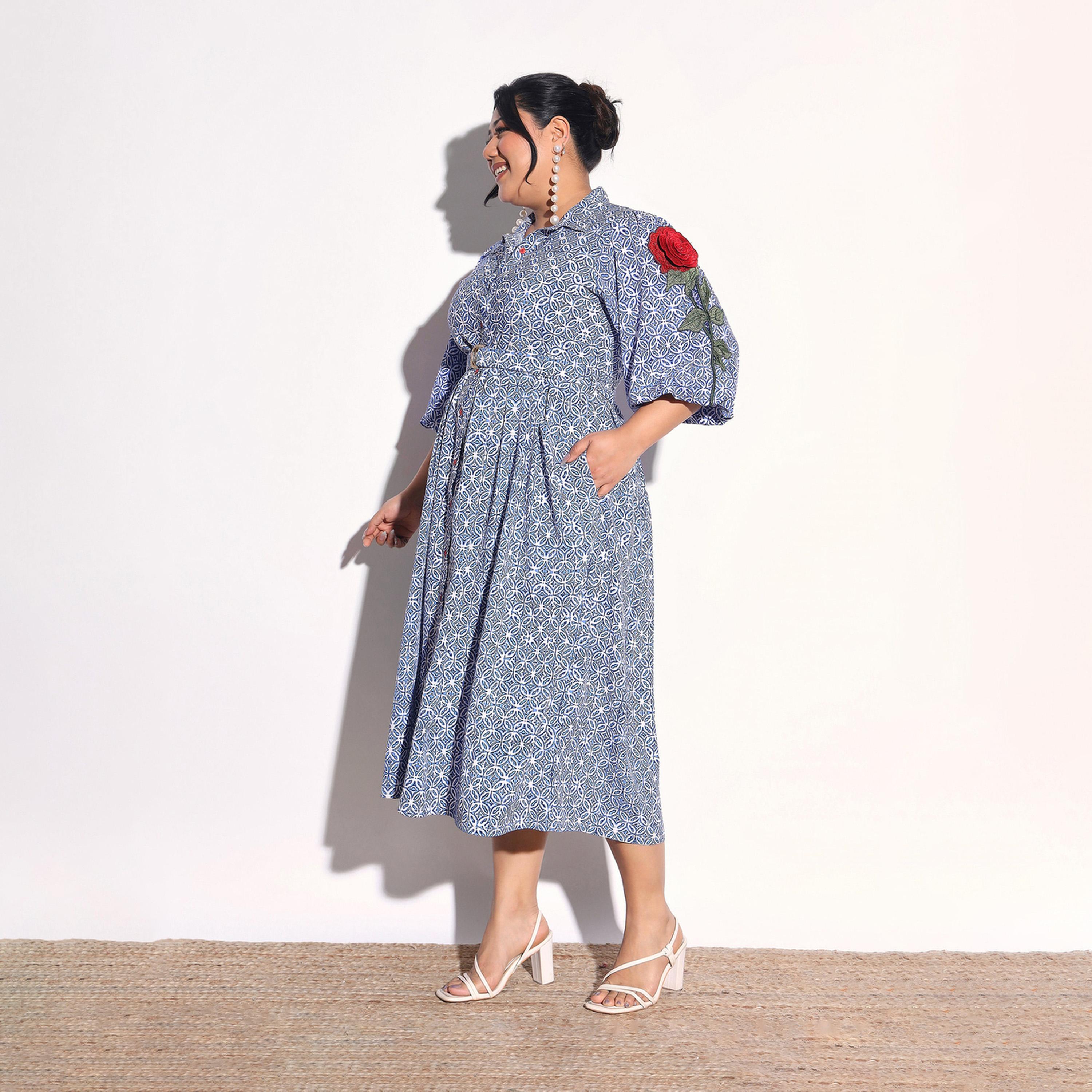 فستان ميدي قميص بأكمام بتفاصيل زهور مقاس كبير-women-clothing-dresses-image-3