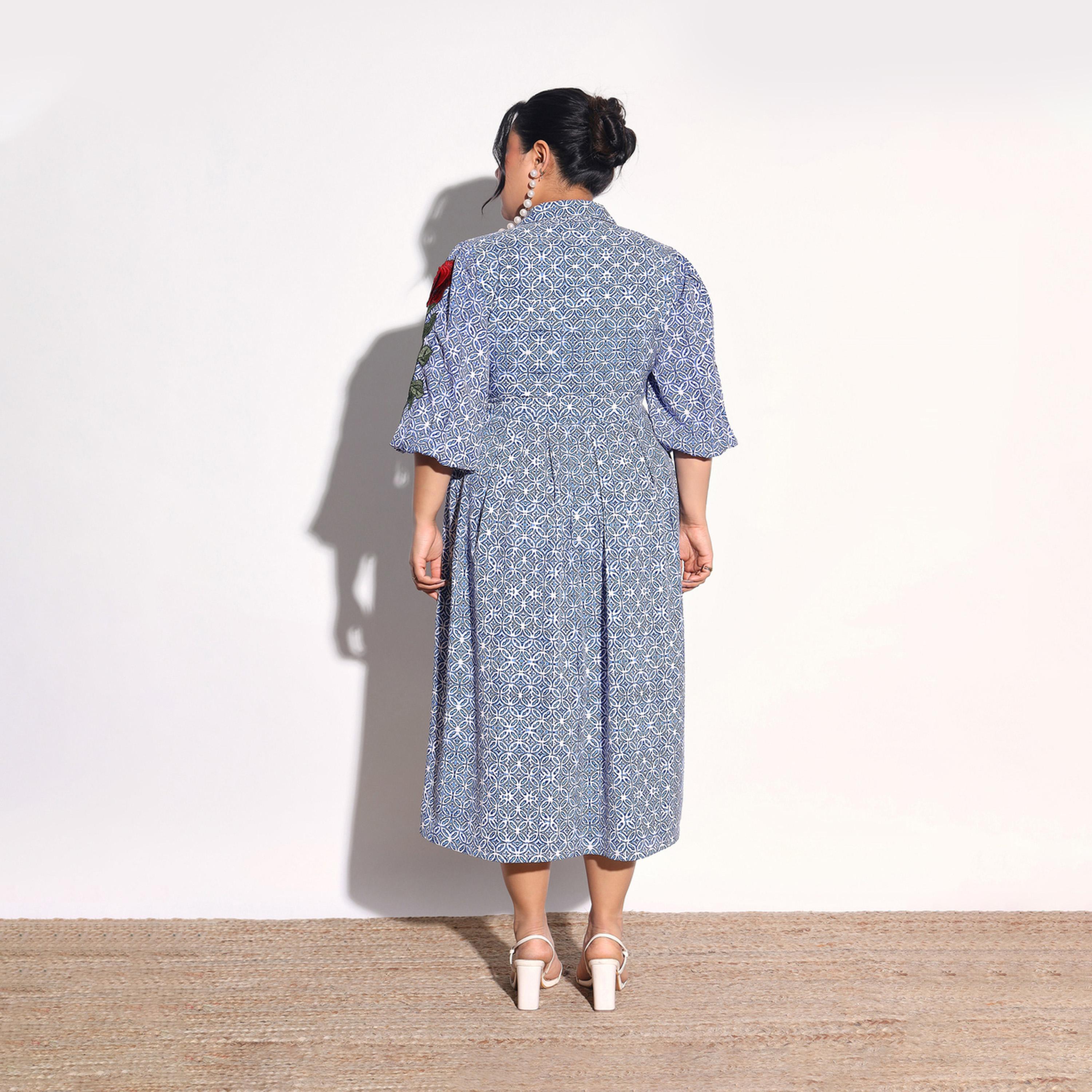 فستان ميدي قميص بأكمام بتفاصيل زهور مقاس كبير-women-clothing-dresses-image-4