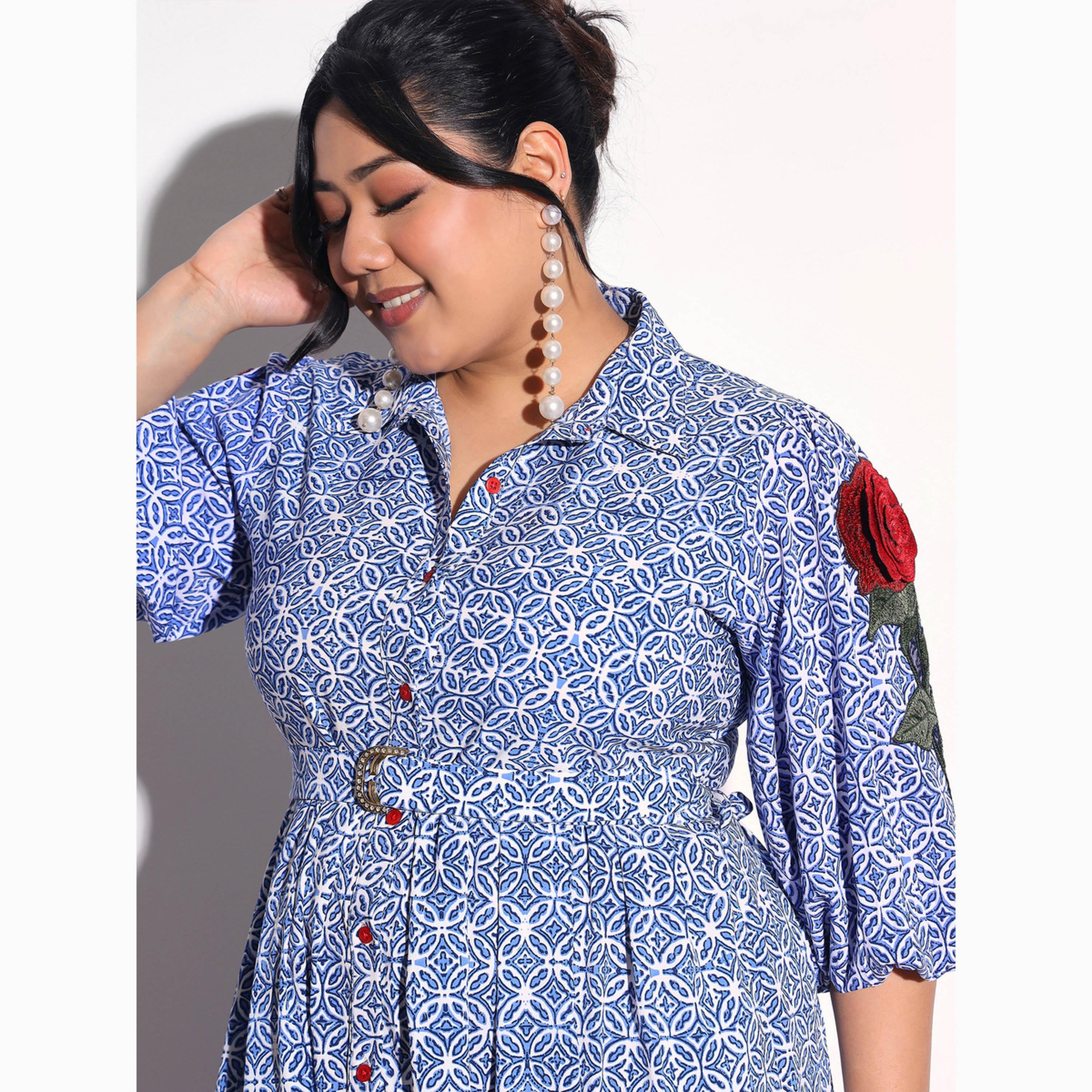 فستان ميدي قميص بأكمام بتفاصيل زهور مقاس كبير-women-clothing-dresses-image-6