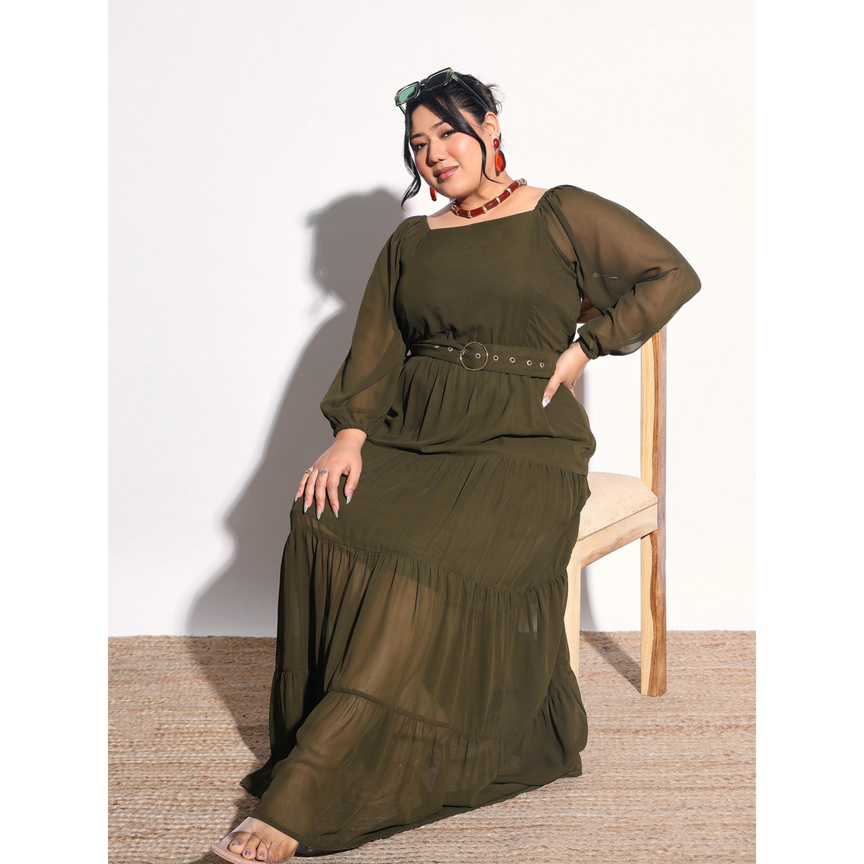 Sassafras X Styli Plus Size Olive Georgette Tiered Maxi Dress-women-clothing-dresses-image-2