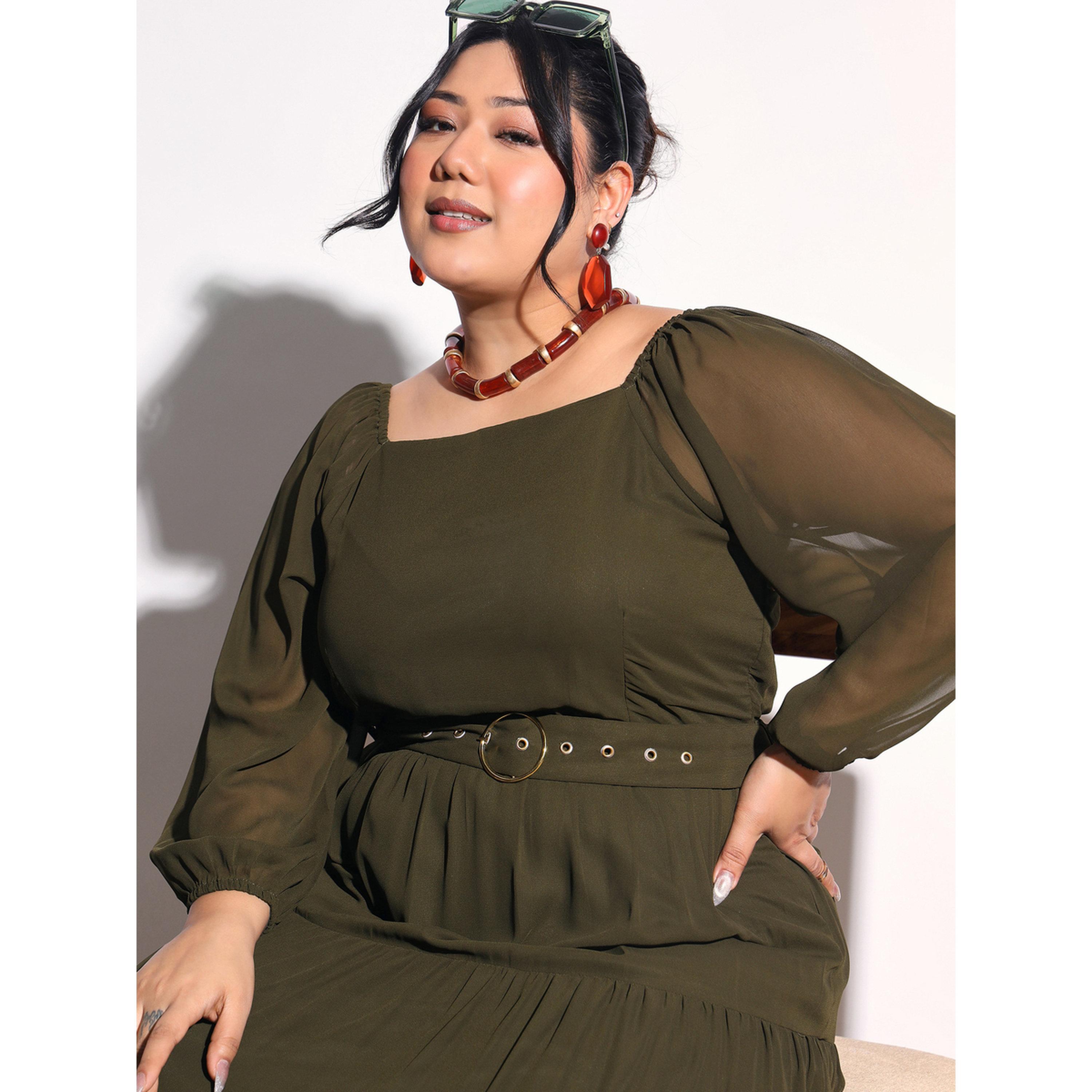 Sassafras X Styli Plus Size Olive Georgette Tiered Maxi Dress-women-clothing-dresses-image-4