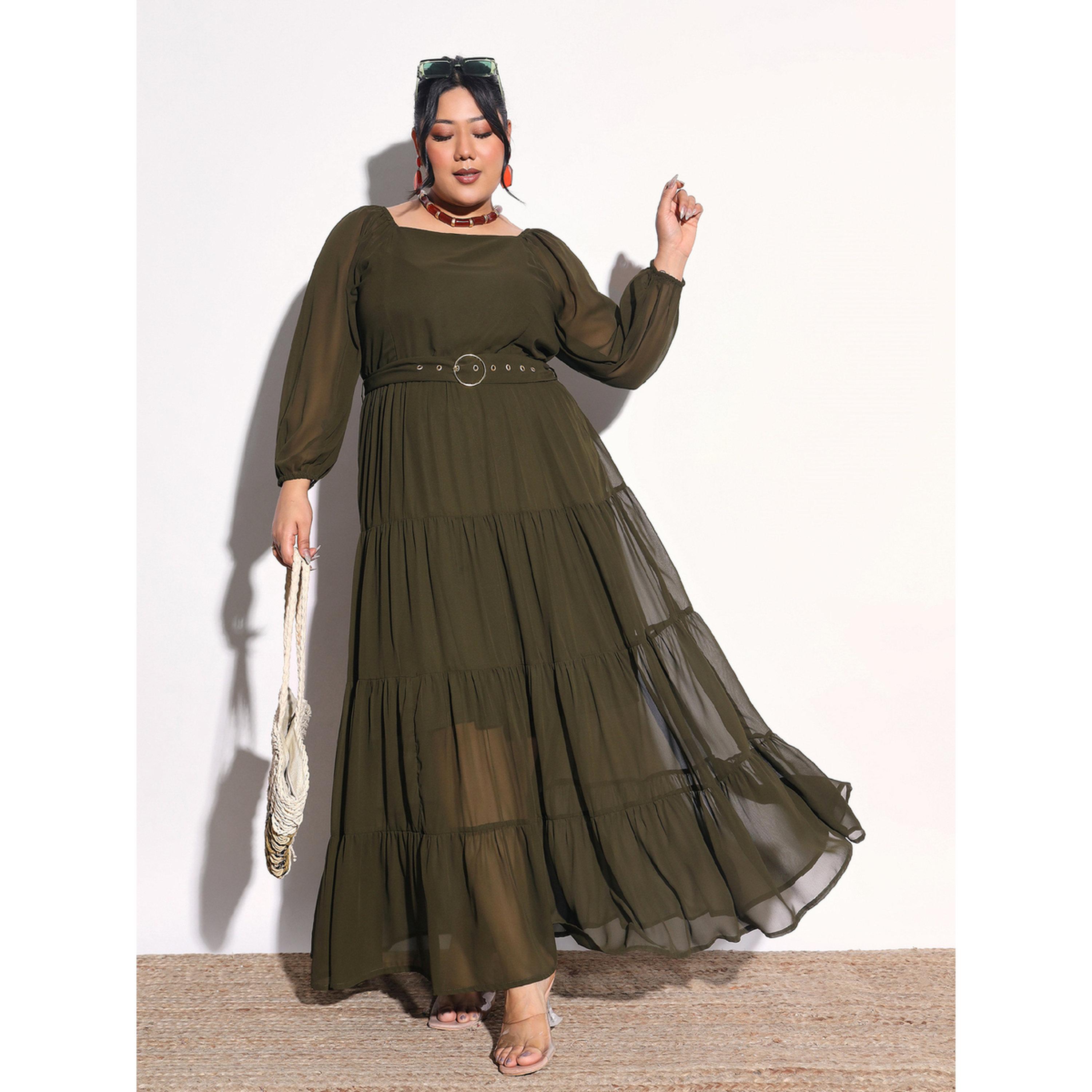 Sassafras X Styli Plus Size Olive Georgette Tiered Maxi Dress-women-clothing-dresses-image-6