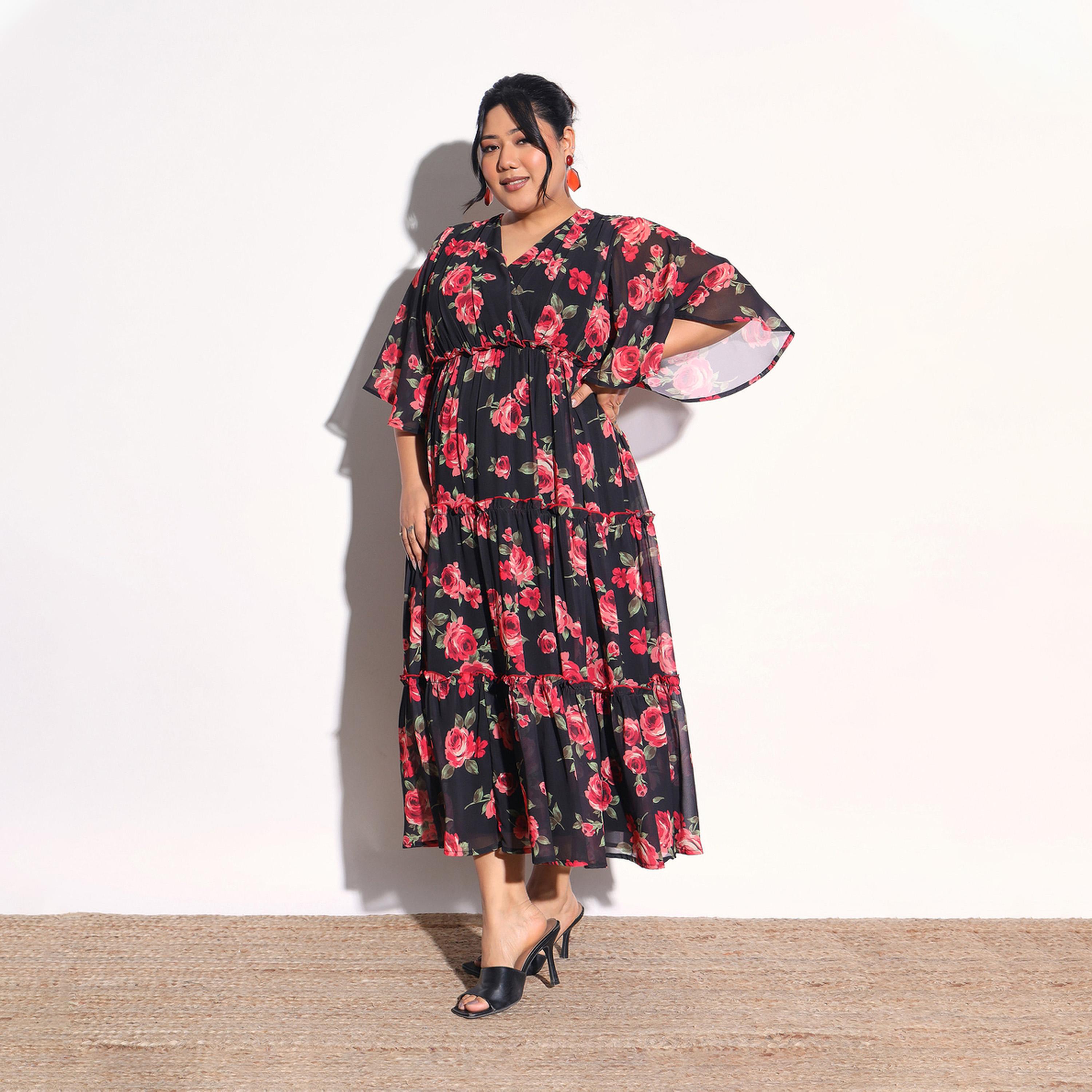 فستان طويل بطبقات وأكمام واسعة وطبعة زهور مقاس كبير-women-clothing-dresses-image-3