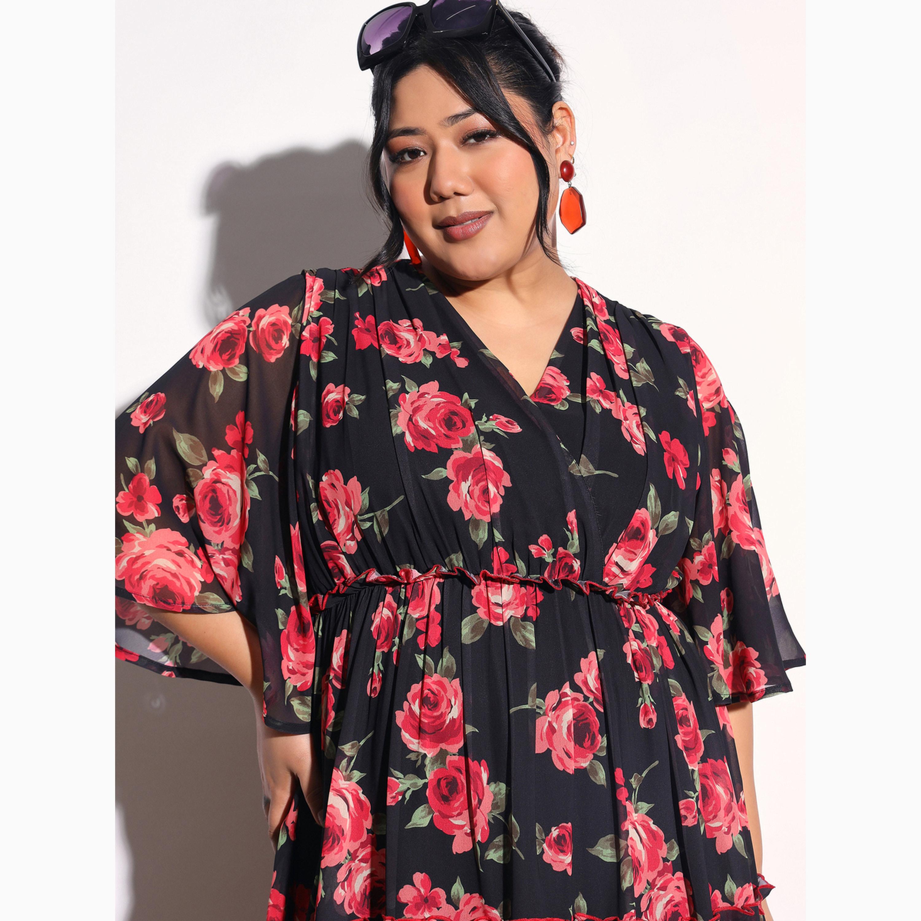 فستان طويل بطبقات وأكمام واسعة وطبعة زهور مقاس كبير-women-clothing-dresses-image-4