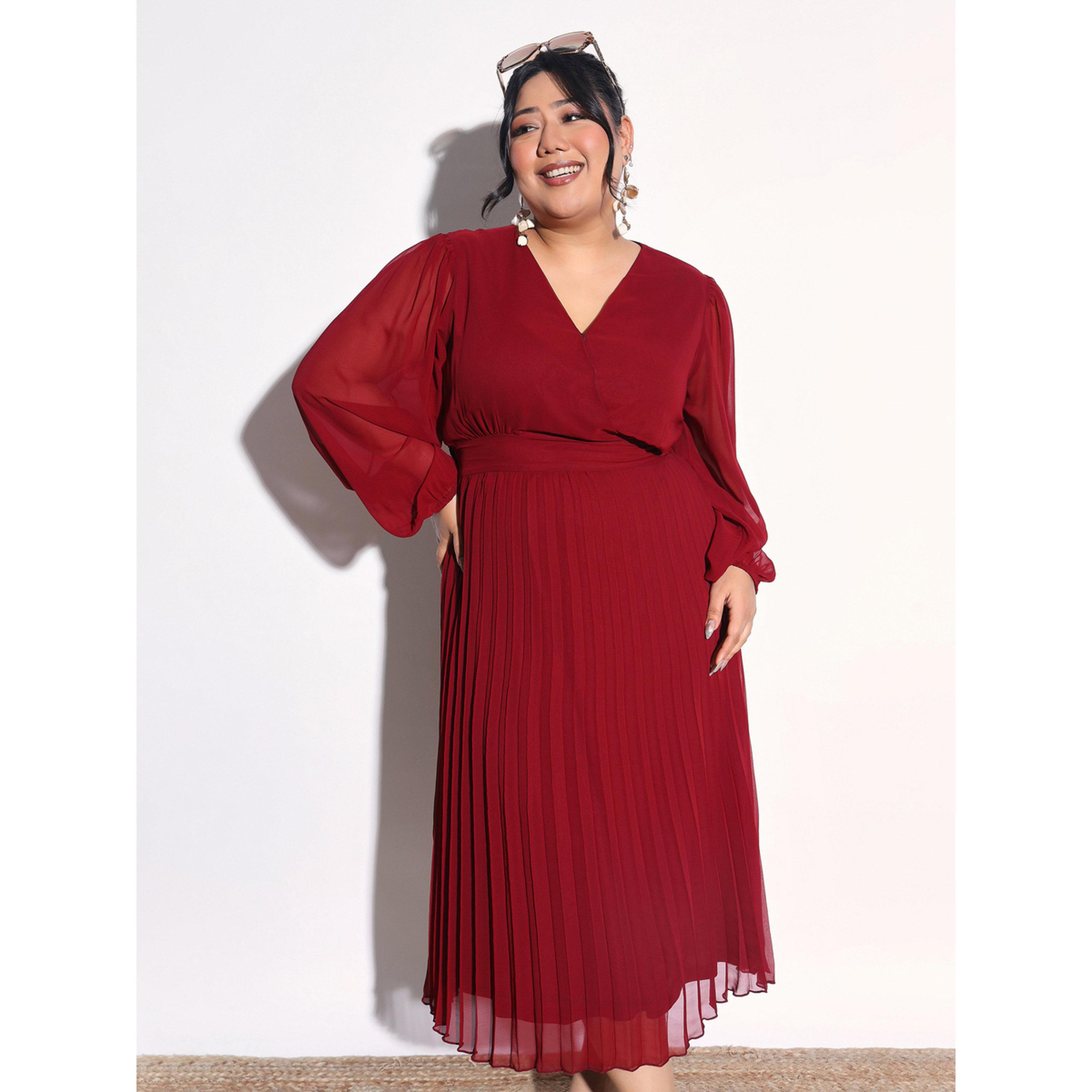 Sassafras X Styli Plus Size Maroon V-Neck Pleated Midi Dress-women-clothing-dresses-image-1