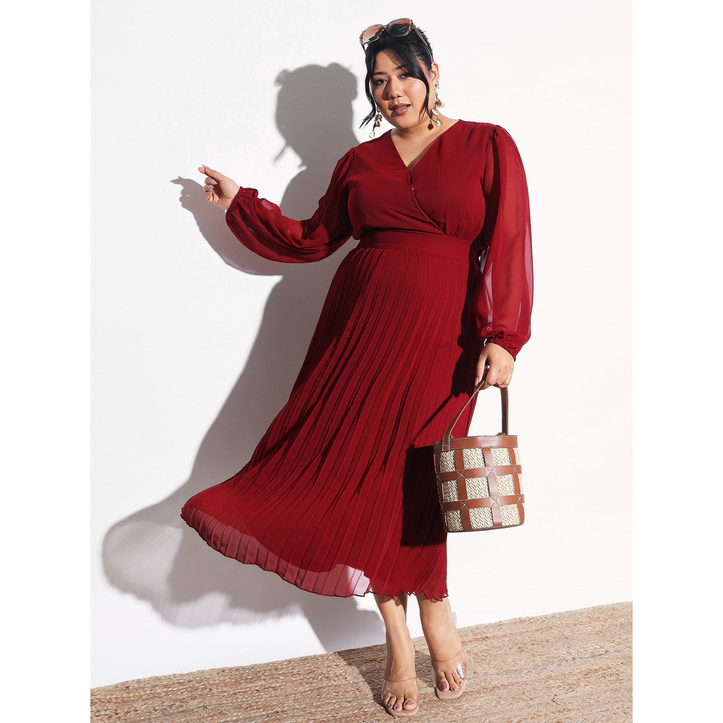 Sassafras X Styli Plus Size Maroon V-Neck Pleated Midi Dress-women-clothing-dresses-image-2