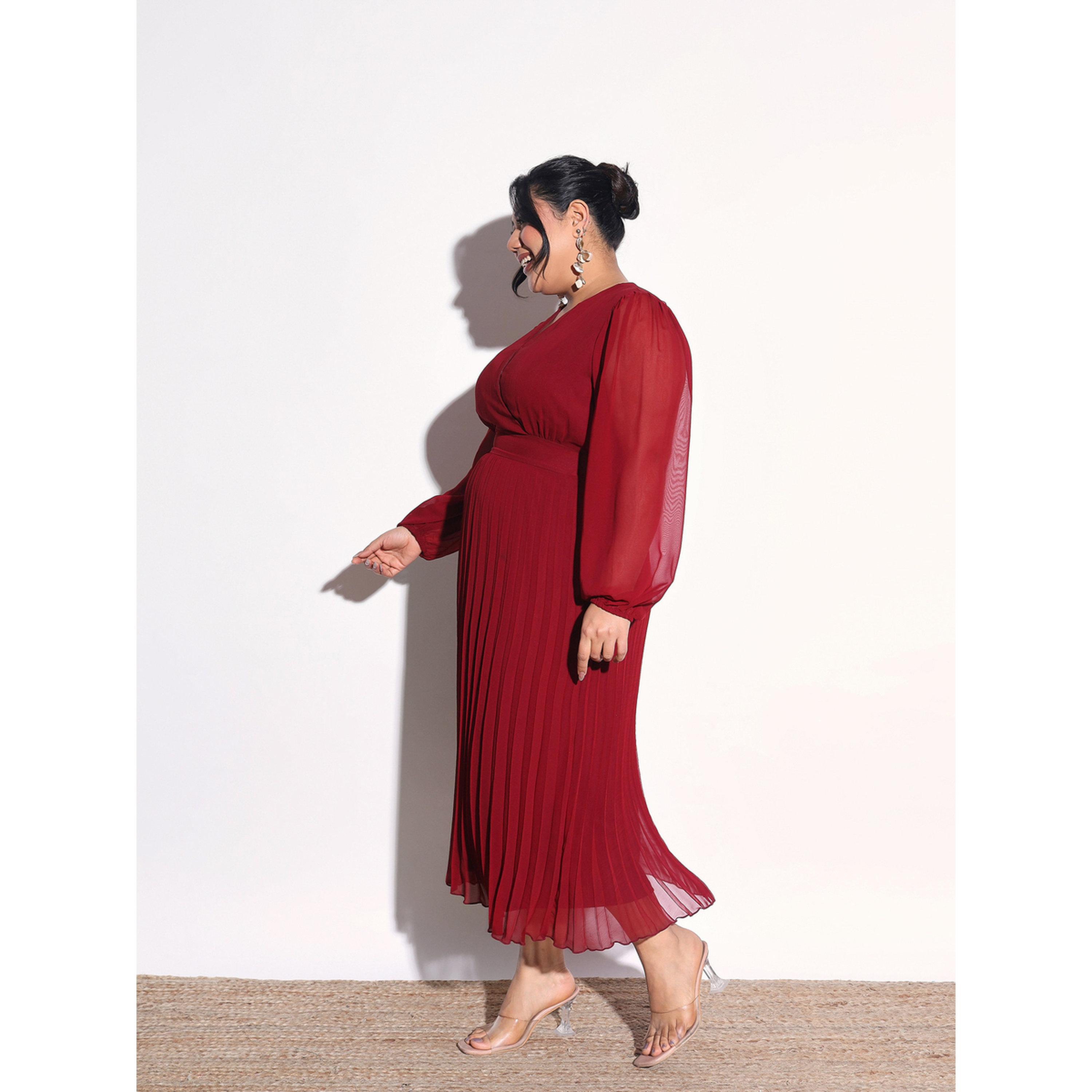 Sassafras X Styli Plus Size Maroon V-Neck Pleated Midi Dress-women-clothing-dresses-image-3